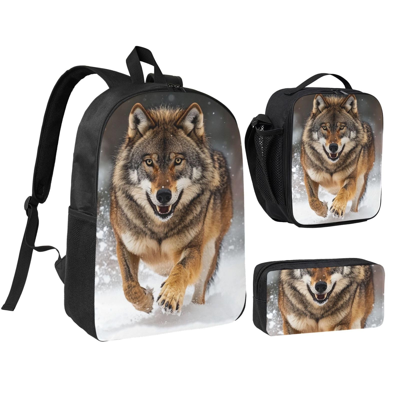 Zestaw plecaków Smart Wolf Print z torbą na lunch i piórnikiem | Minimalistyczny zestaw dla nastolatków, izolowana torba na artykuły pa, codzienne użytkowanie na zewnątrz