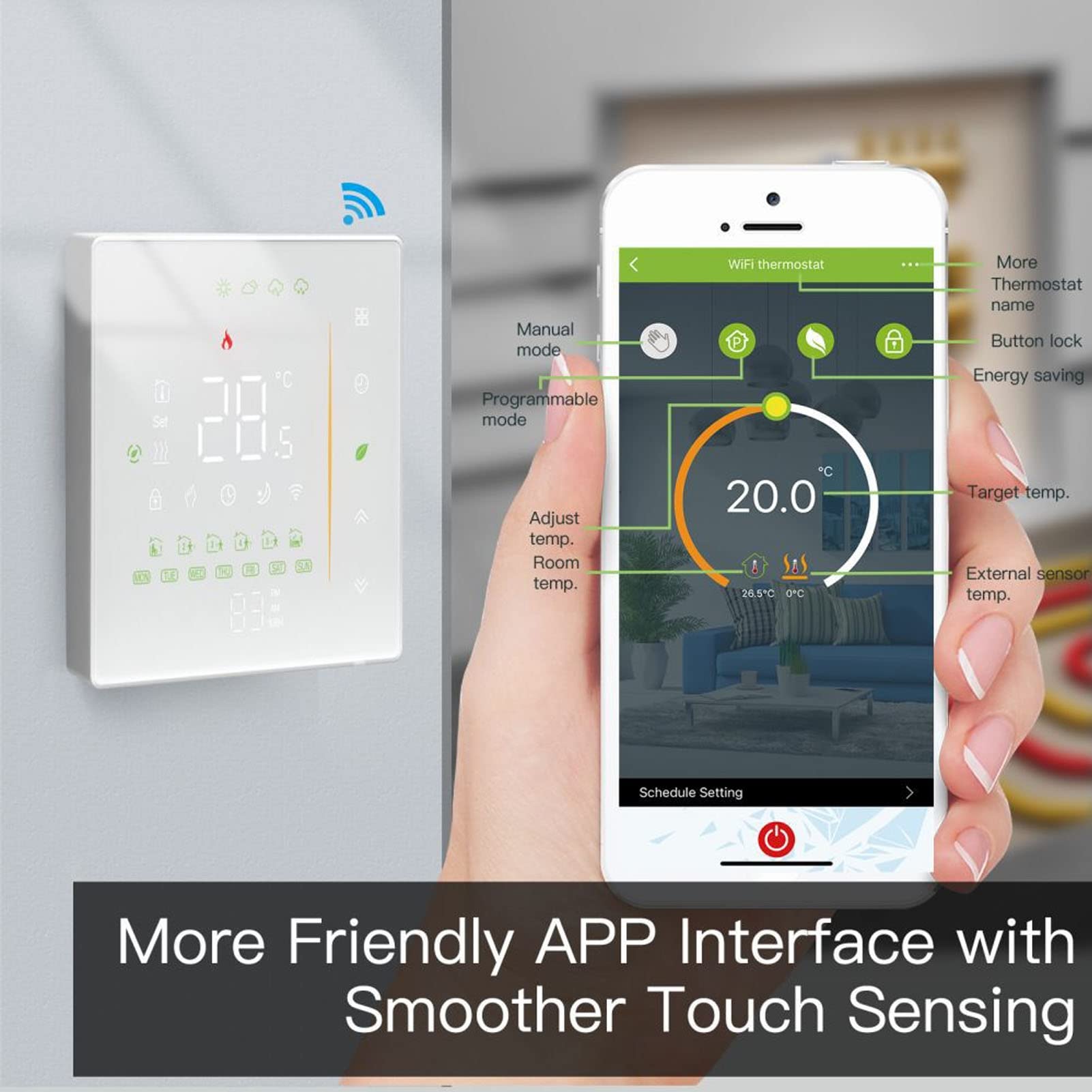 Yosoo Health Gear Programowalny Termostat, Cyfrowy Termostat z Ekranem Dotykowym i kontrolą Aplikacji Wi-Fi, Zakres ustawień od 41 do 95 F, Duży Wyświetlacz LCD, Uchwyt ścienny 16 A do Salonu w
