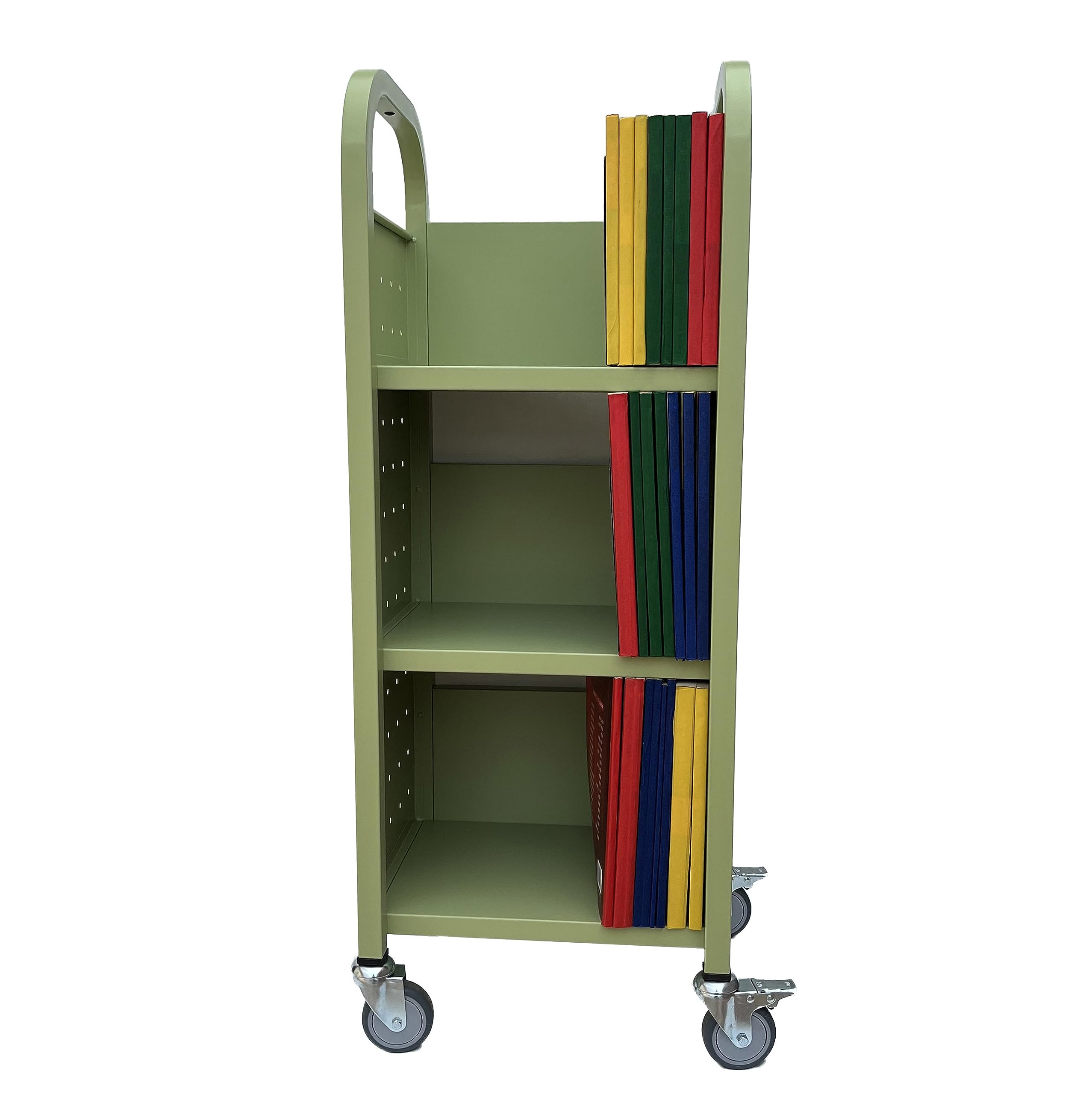 Workington Single Bank Rollbuchwagen mit 3 flachen Ablagen, Bibliotheksbuchwagen mit drehbaren feststellbaren Rollen, 3000 Apfelgrün
