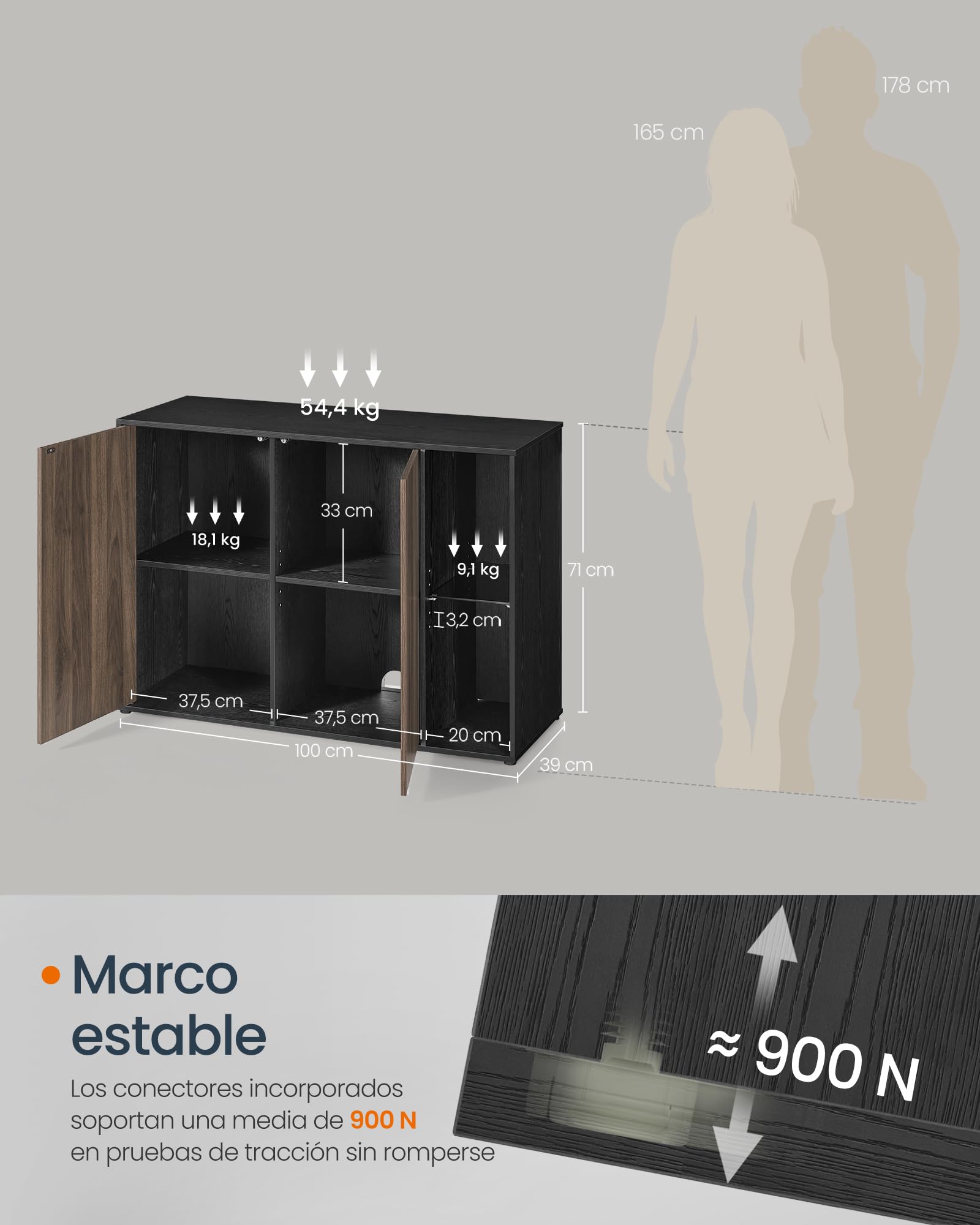 SONGMICS Home Aparador, Montaje Súper Rápido Sin Herramientas Toolless, Mueble de TV con Iluminación y Estante de Cristal, Aparador, Nogal Natural y Negro Ébano BBK372B01