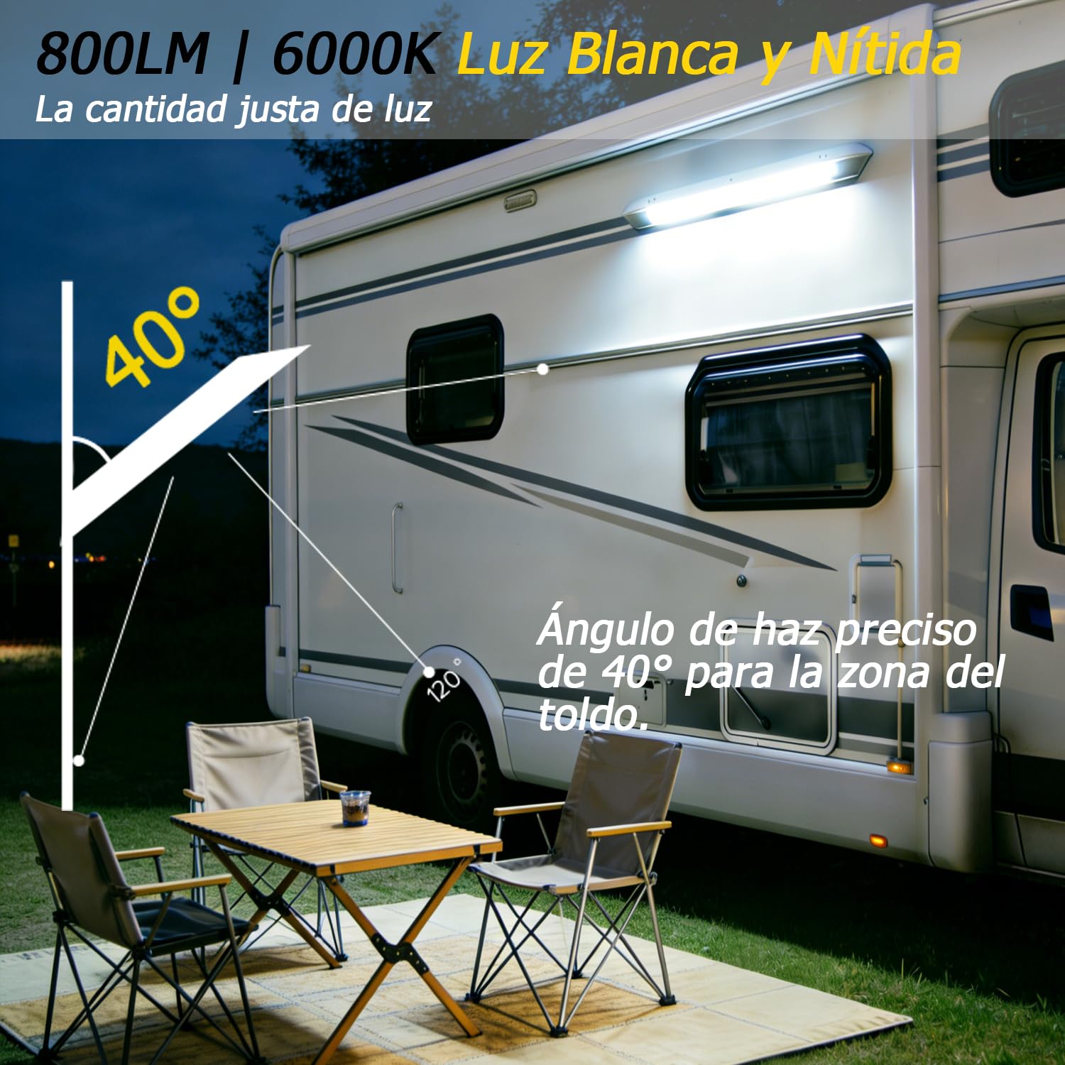 D-lite Iluminación exterior para caravana, luz LED, 12 V, 12 W, luz blanca fría 6000 K, 800 lm, IP66, barra de luz LED de 55 cm, color negro de aluminio, para exteriores, autocaravanas, caravanas