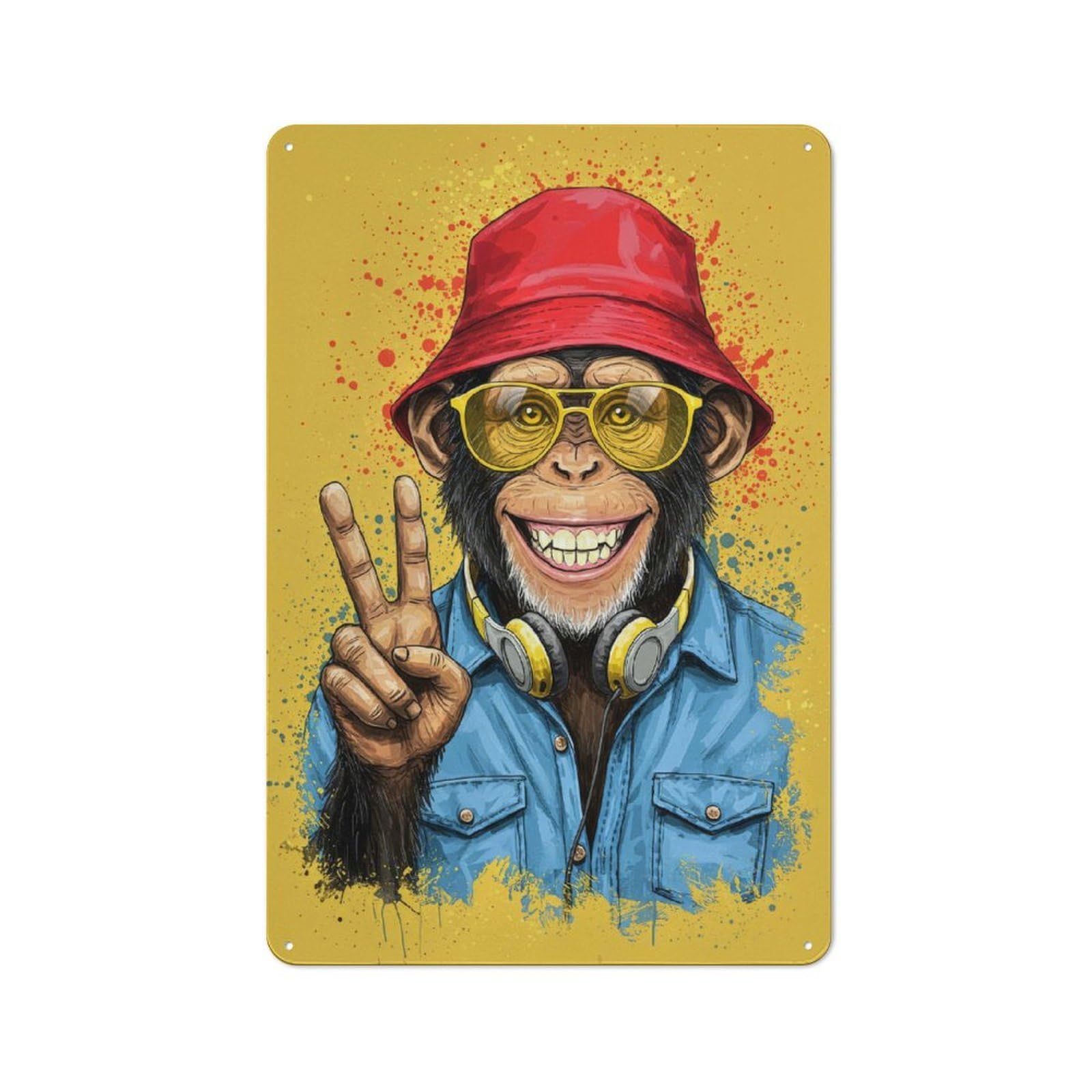 Junmoney Cool Monkey With Peace Sign Vintage Tin Sign 30X20cm Featuring Industrial Wall Art For Garage, Workshop, Shed Or Utility Room