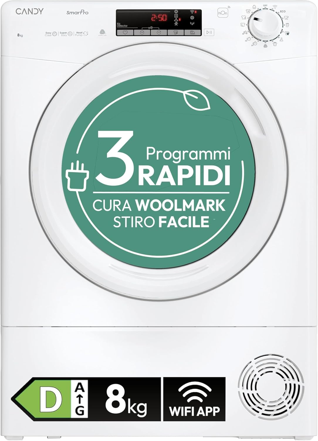 Candy Smart Pro CRO EH8N2TE-S Asciugatrice a Pompa di Calore, 8 kg, Connettività Wi-Fi + BLE, Programma Stiro Facile, Libera Installazione, 85x 60 x 585 cm (A x L x P cm), Bianco, Classe D
