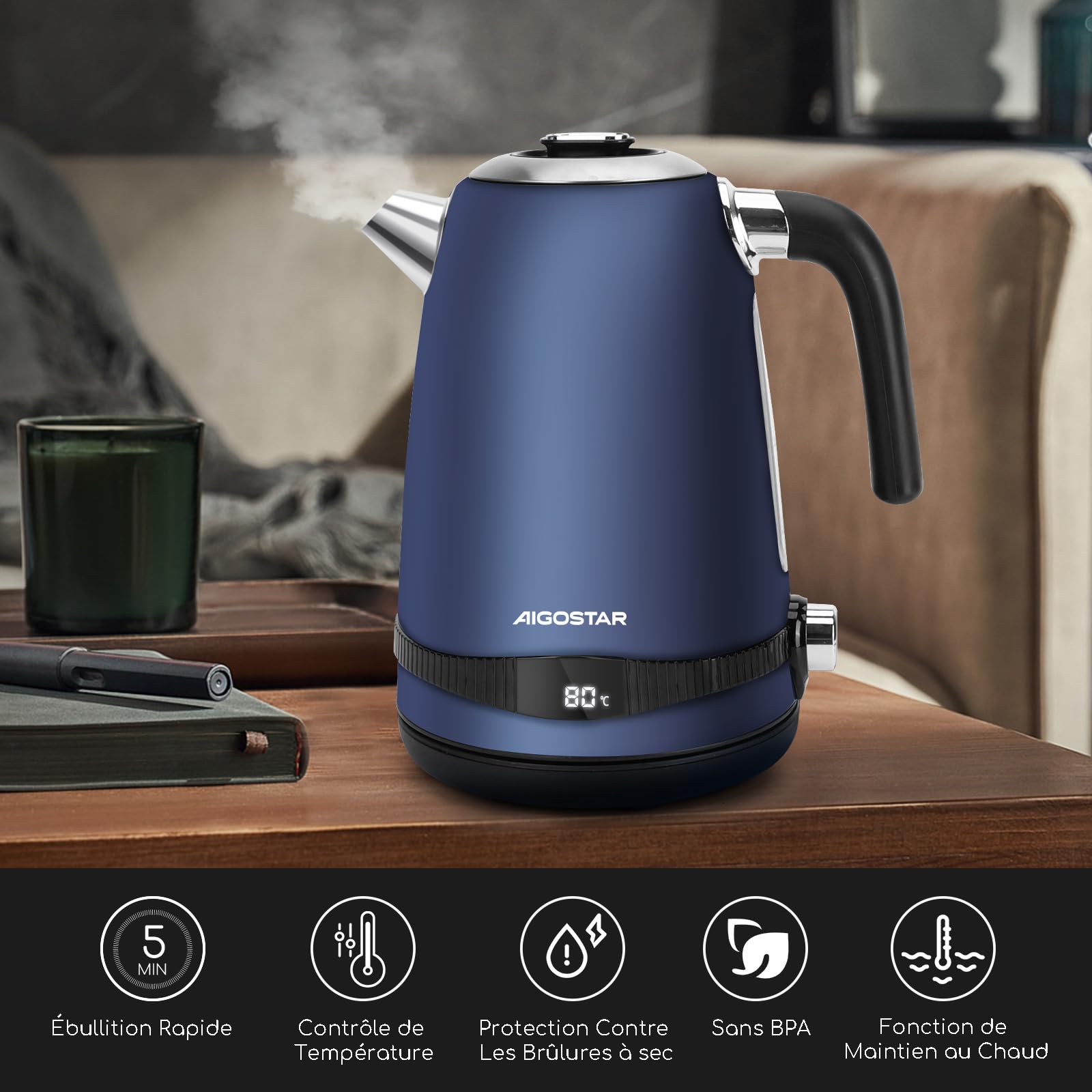 Aigostar Bouilloire Electrique Temperature Reglable inox 1,7L Bleu Foncé Vintage - Bouilloire électrique 2200W, Maintien Au Chaud, ébullition Rapide, Pas de Plastique à L'intérieur, Sans BPA