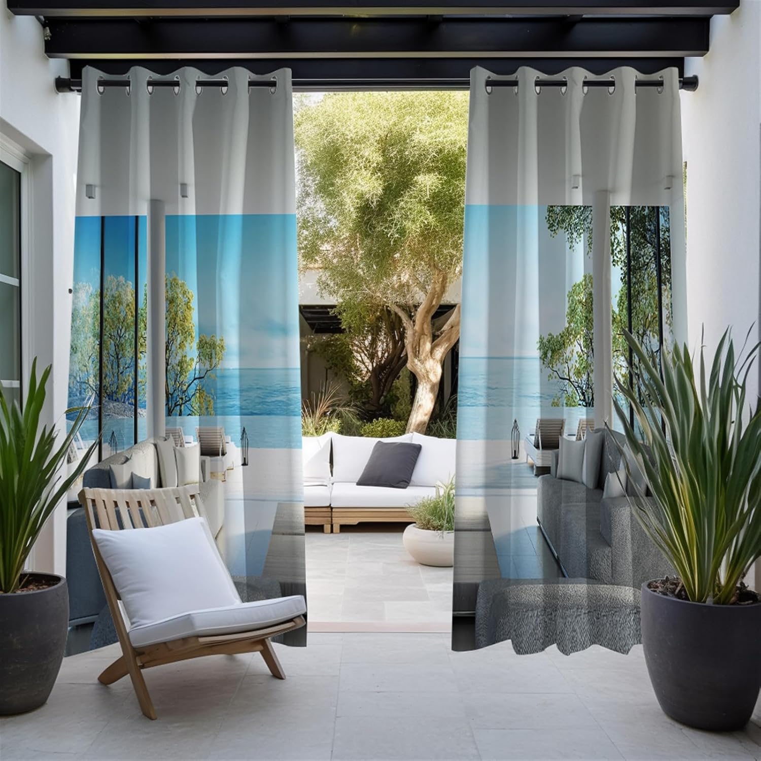 Outdoor Curtains for Patio Waterproof Privacy Curtains Blackout Thermal Insulated Grommet Top Curtains with Tropical Palm Tree Beach Landscape for Porch Pavilion Gazebo, 2 Panels, W104 x L84