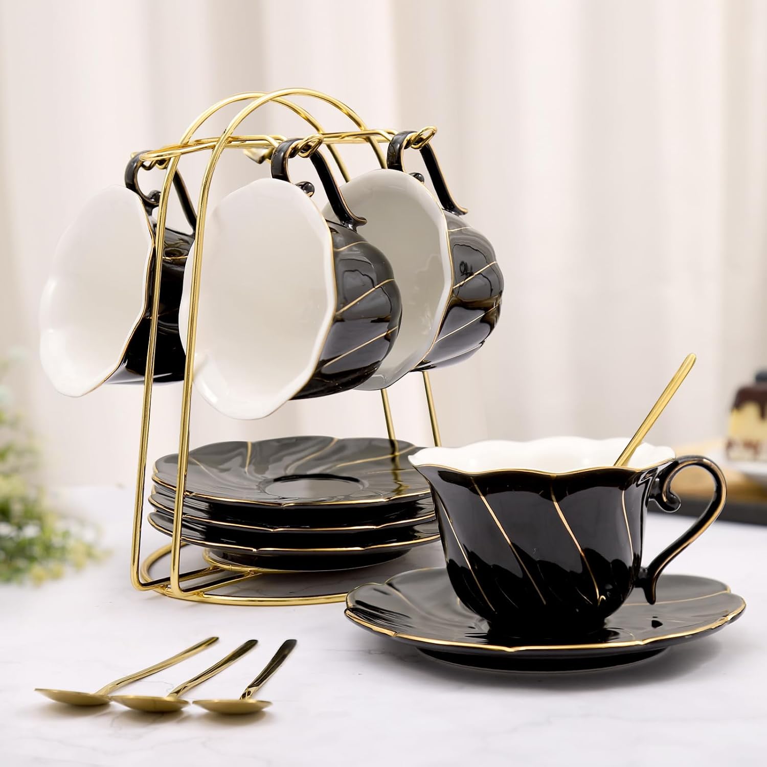 DUJUST Black Tea Cup and Saucer Set of 4 (7oz), Luxury British Style