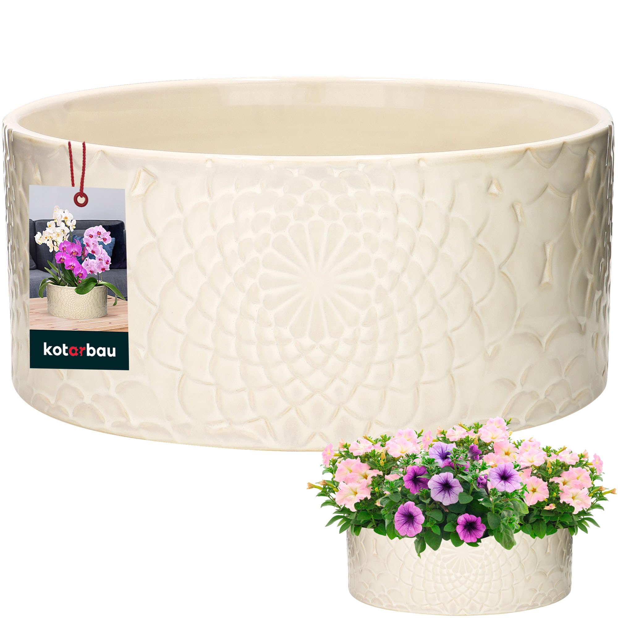 KOTARBAU® Keramik Pflanzschale rund Creme Höhe 13 cm ⌀ 28 cm Blumenschalen für draußen Übertopf groß Blumentopf flach Blumenschale rund Pflanztopf Blumentopf Schale Blumengefäß Garten