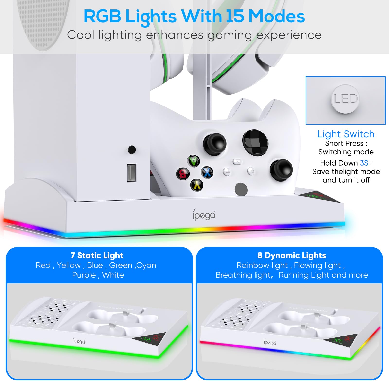 Gorixer Station de Charge pour Xbox Series S avec Ventilateur de Refroidissement, Batterie 2x1400 Mah pour Contrôleur, Accessoires avec 15 Modes d'éclairage LED, Crochet pour Casque, câble USB C