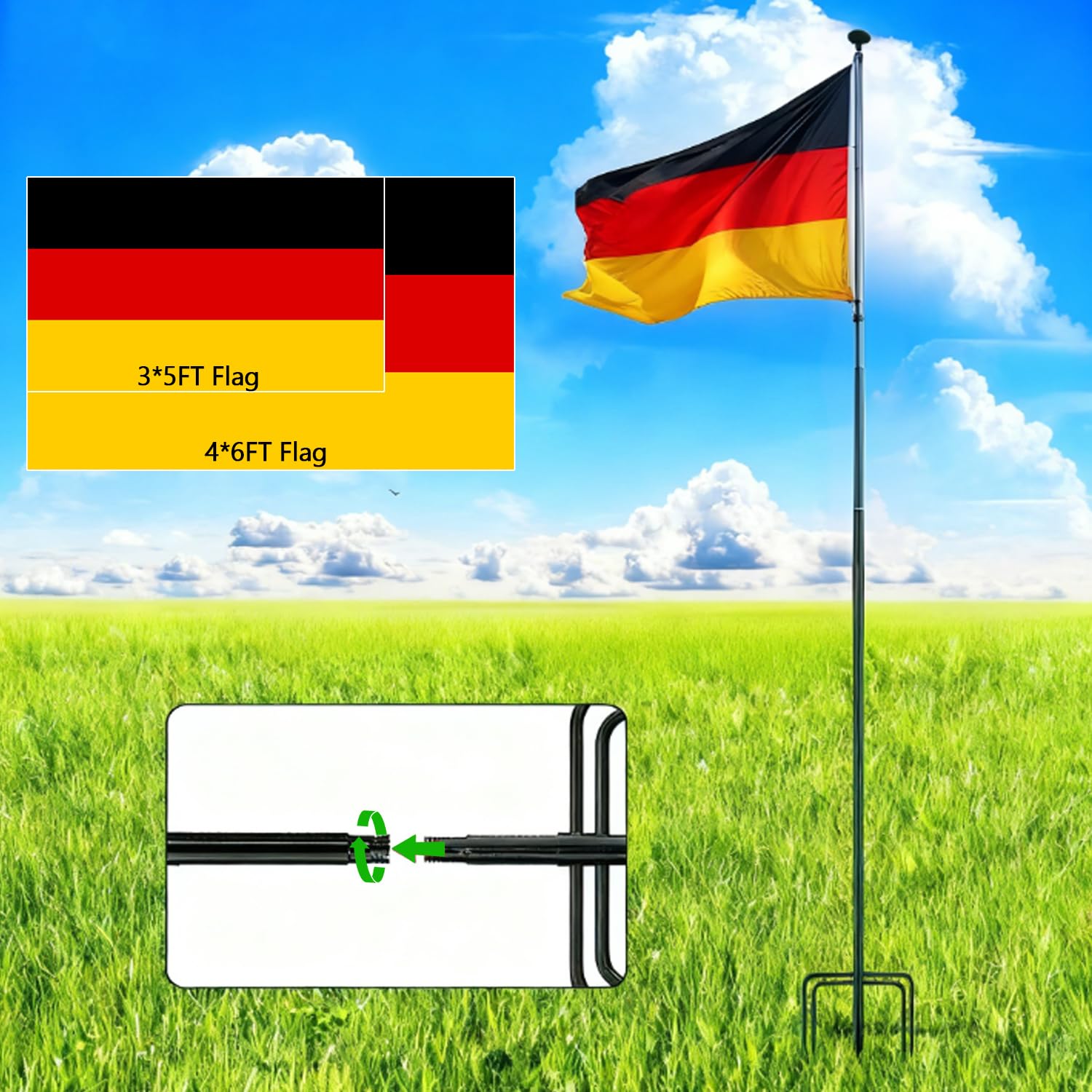 Fahnenmast, 3m, Aluminium, mit Erdspieß, für Garten und Terrasse