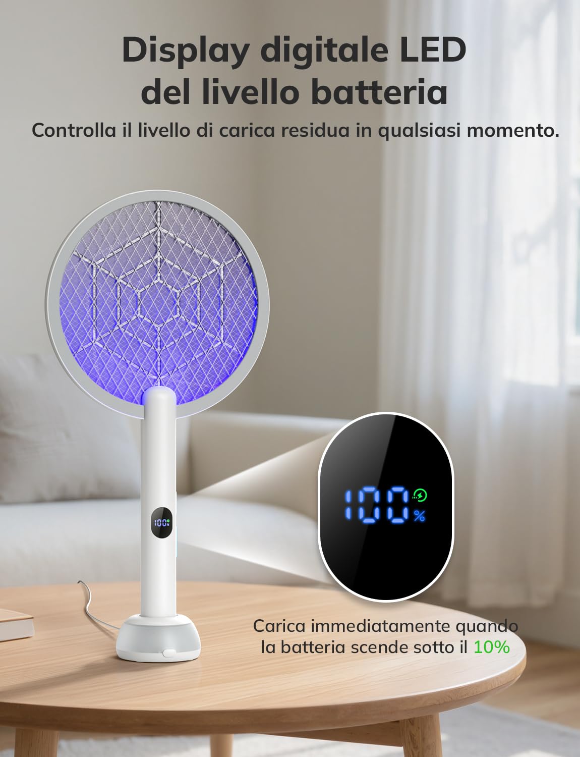 YISSVIC 2 Racchetta Zanzare Elettrica 4000V 1800mAh 2-in-1 Ricaricabile Via USB-C, con Luce UV, Base di Ricarica e Due modalità di Luce Notturna – Bianco