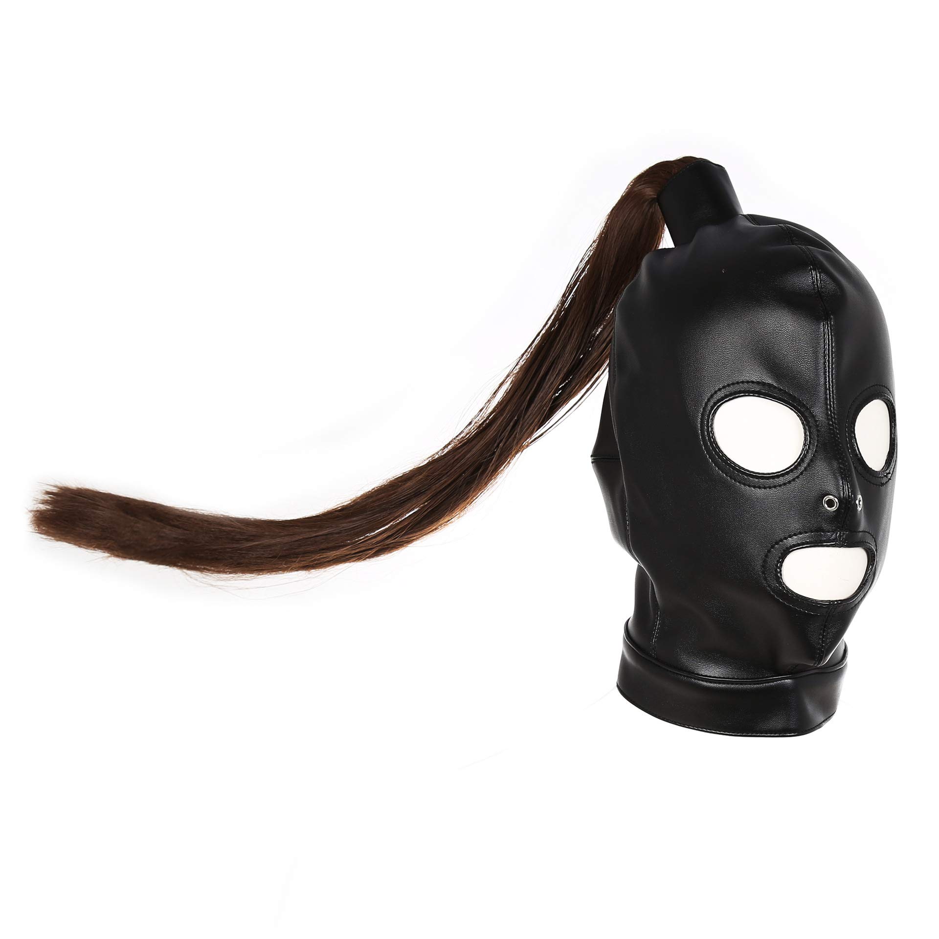 Hdynasty Capuche en cuir PU noir, perruque intégrale à 3 trous, masque sexuel pour les yeux, couvre-chef pour jeu de rôle