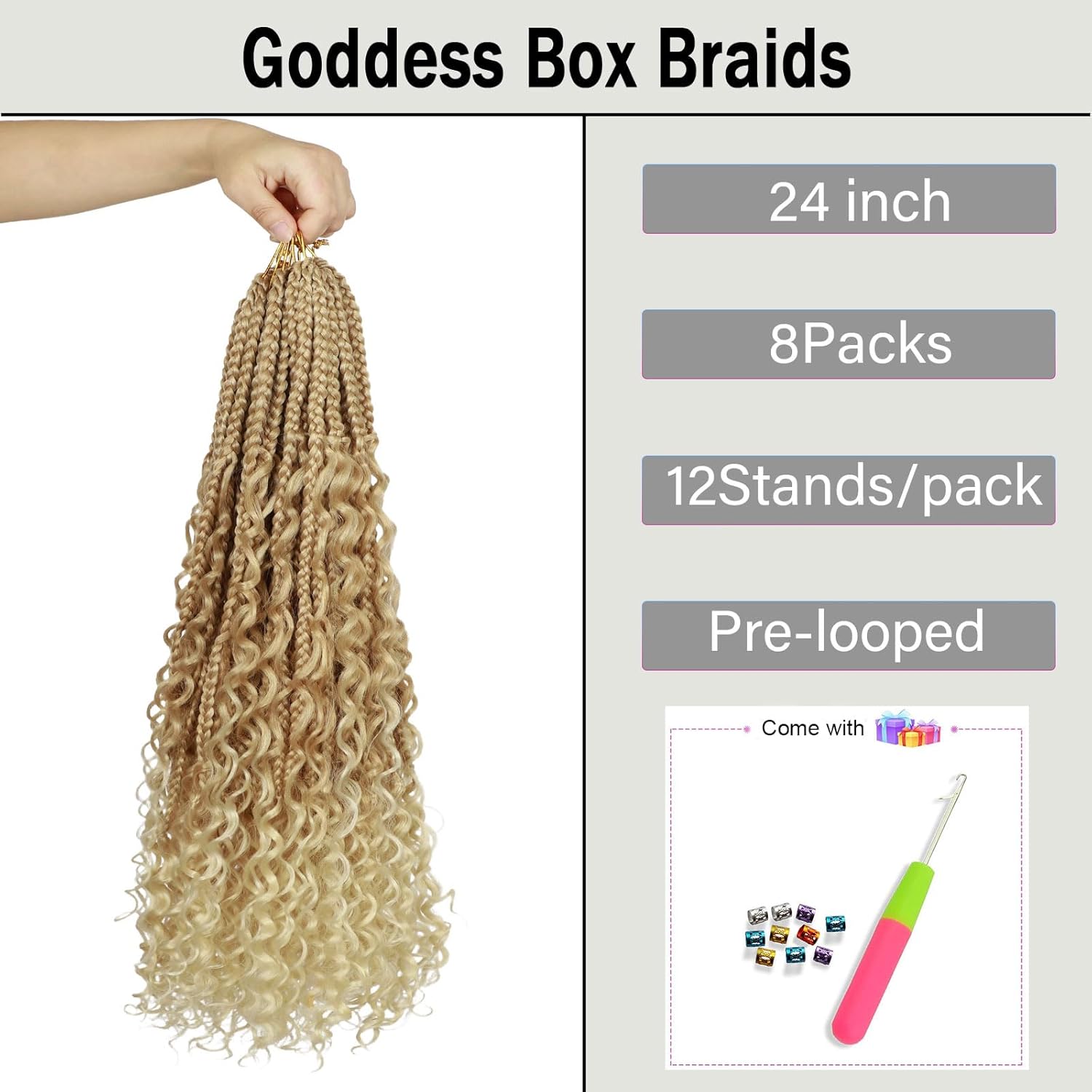 Boho Crochet Braids for Black Women Goddess Box Braids Crochet Hair 24inch 8Pack Crochet Boho Braids with Curly Ends Soft Brown Blonde Ombre Crochet Hair,27/613