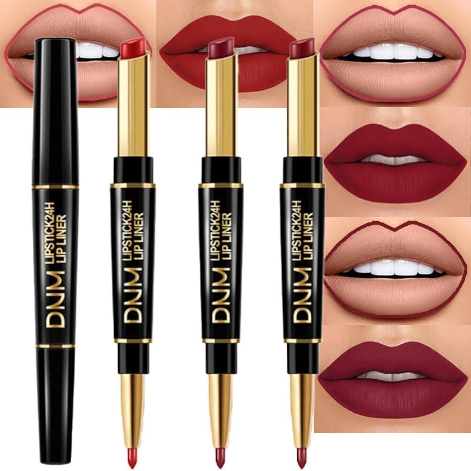 NALACAL3Pcs Dark Ruby Red Lip Liner and Lipstick Set Kit for Women DNM Matte Matt Mat 24 Hours Lipstick Pen and with Lip Liner Pencil Set Waterproof Long Lasting 24