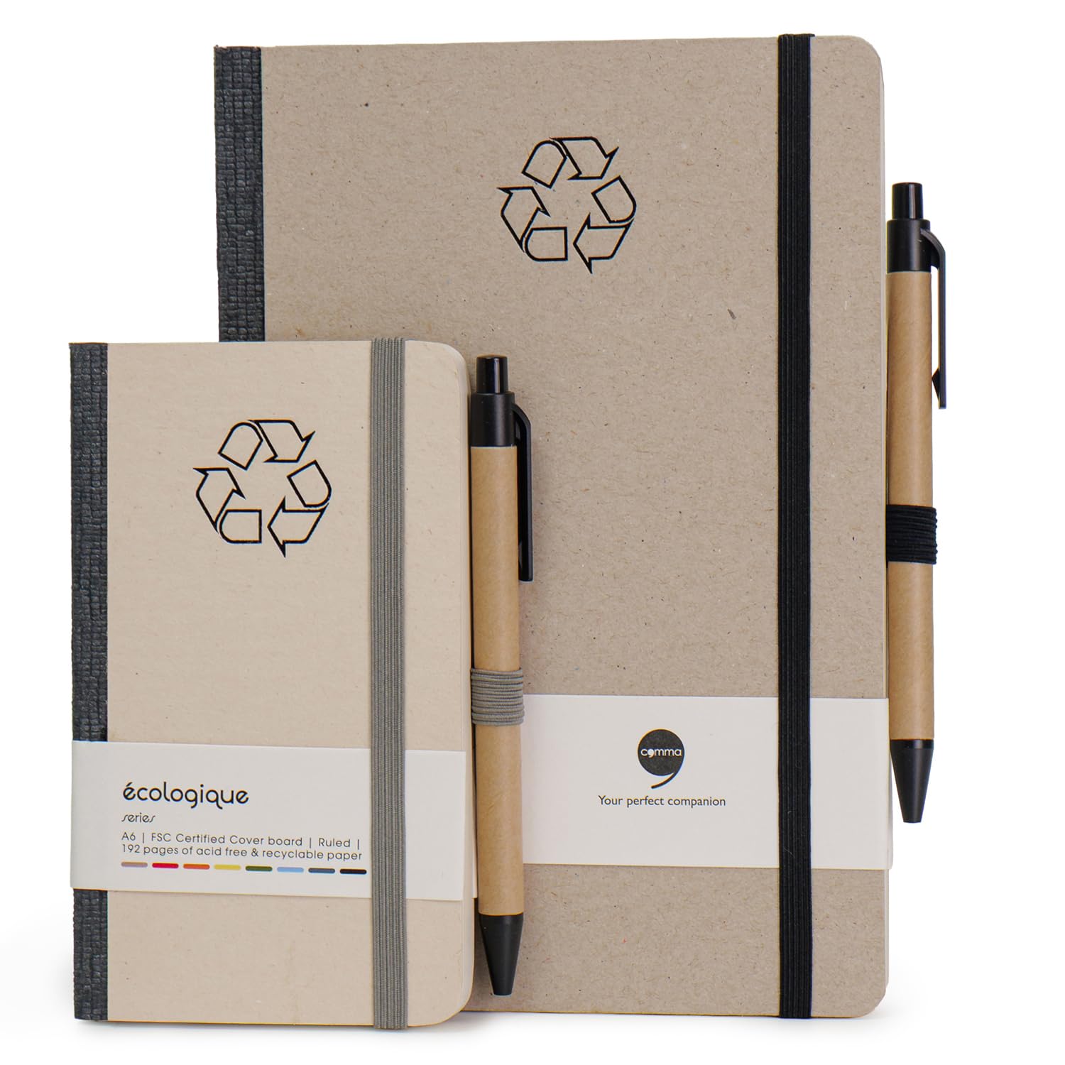 COMMA Taccuino ecologico combinato | Formato A5 e formato tascabile A6 | Taccuino ecologico rilegato rigido con penna e chiusura con elastico | 192 pagine | Carta ombreggiata naturale 80 g/m² |
