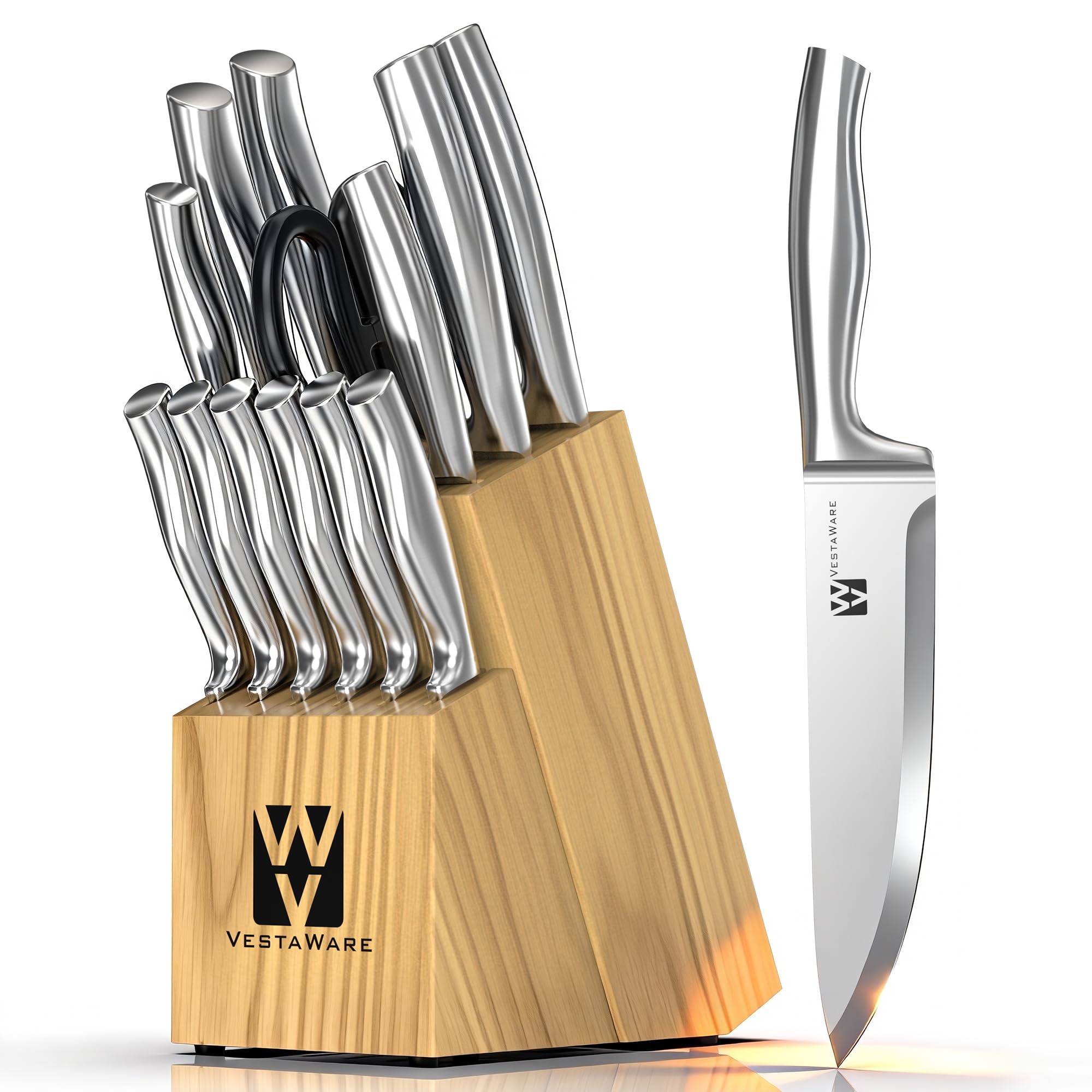 Superbmall 14 Piece Kitchen Knife Block Set, Natural Wood Block, Dishwasher Safe