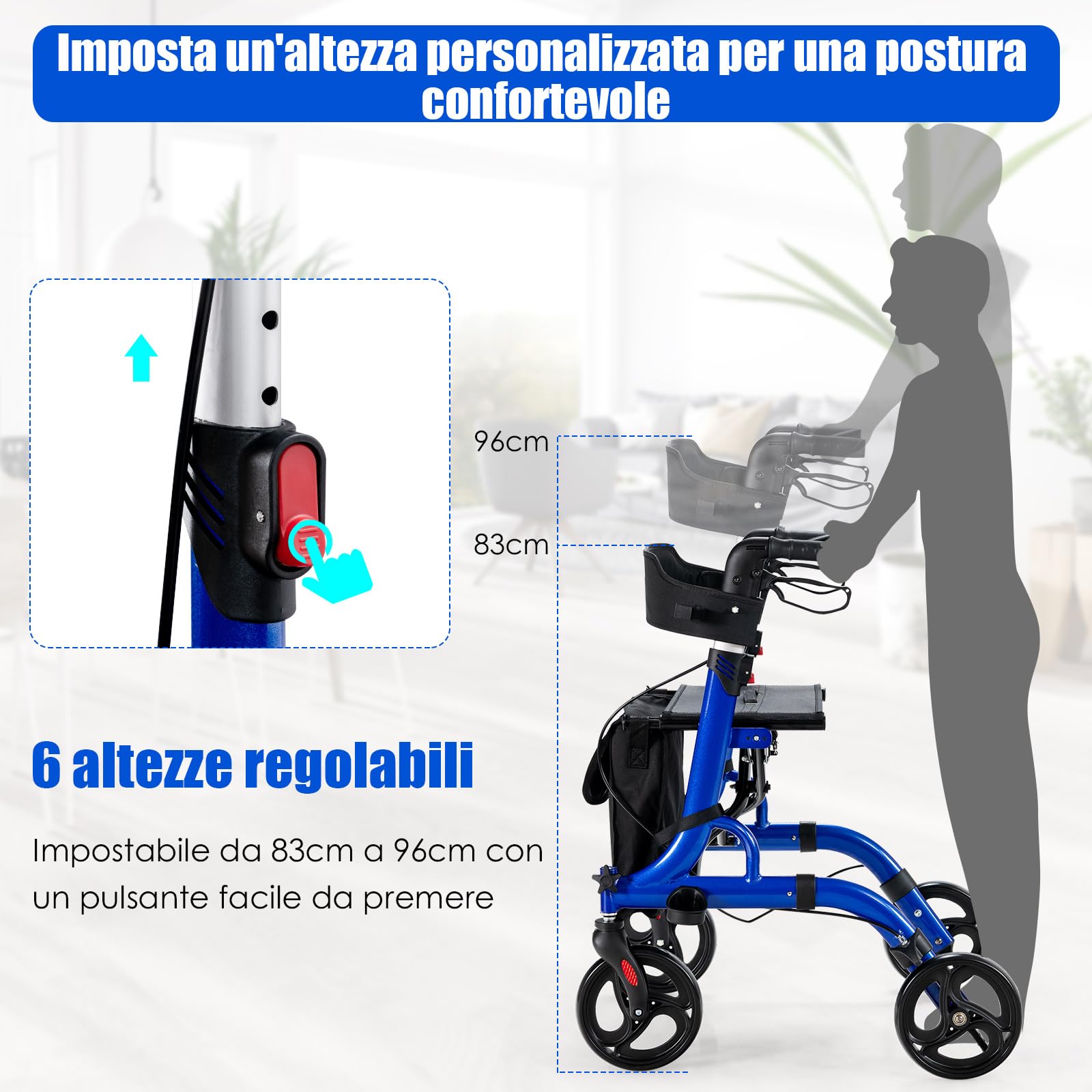 COSTWAY Deambulatore con Seduta 2 in 1, Rollator Pieghevole, Deambulatore per Anziani con 4 Ruote, Maniglie Regolabili Freni, con Doppia Funzione Schienale Reversibile e Borsa Portaoggetti (Blu)