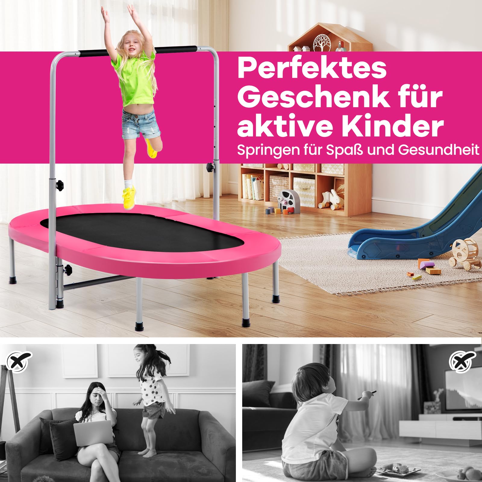 GOPLUS Trampolin Indoor für 2 Kinder, 154x90cm Kindertrampolin klappbar mit 5 stufiger Verstellbarer Handlauf, Fitnesstrampolin bis 150kg Belastbar, für Jumping Training