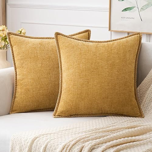MIULEE Pack of 2 Couch Throw Pillow Covers 18x18 Inch Gold Farmhouse Decorative Pillow Covers with Stitched Edge Soft Chenille Solid Dyed Spring Pillow Covers for Sofa Bed Living Room