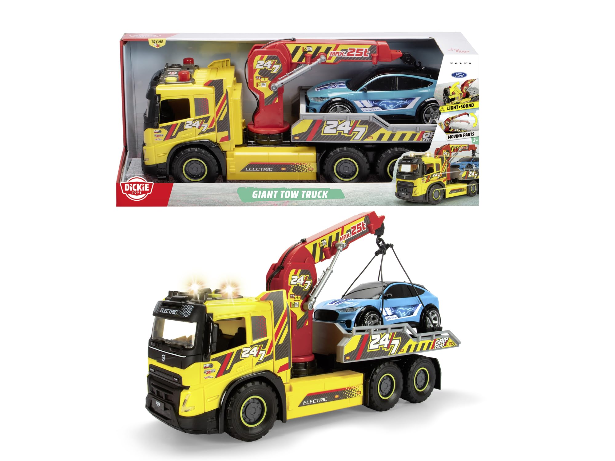 Dickie, Volvo FMX grúa con Coche Ford Mustang Mach-E 54 cm, Rueda Libre, Luces y Sonido, grúa basculante Manual, Zona de Carga, Licencia Volvo, 3 años (203749039)