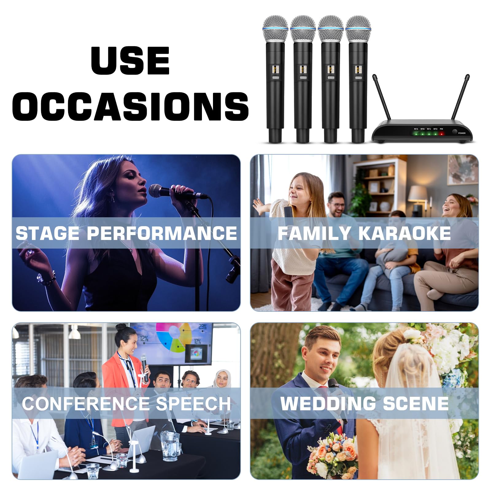 Micrófonos inalámbricos de karaoke Depusheng R4-Pro, sistema profesional de micrófono de mano de 4 canales, micrófono metálico dinámico para karaoke, iglesias, karaoke en casa, reuniones, fiestas, DJ,