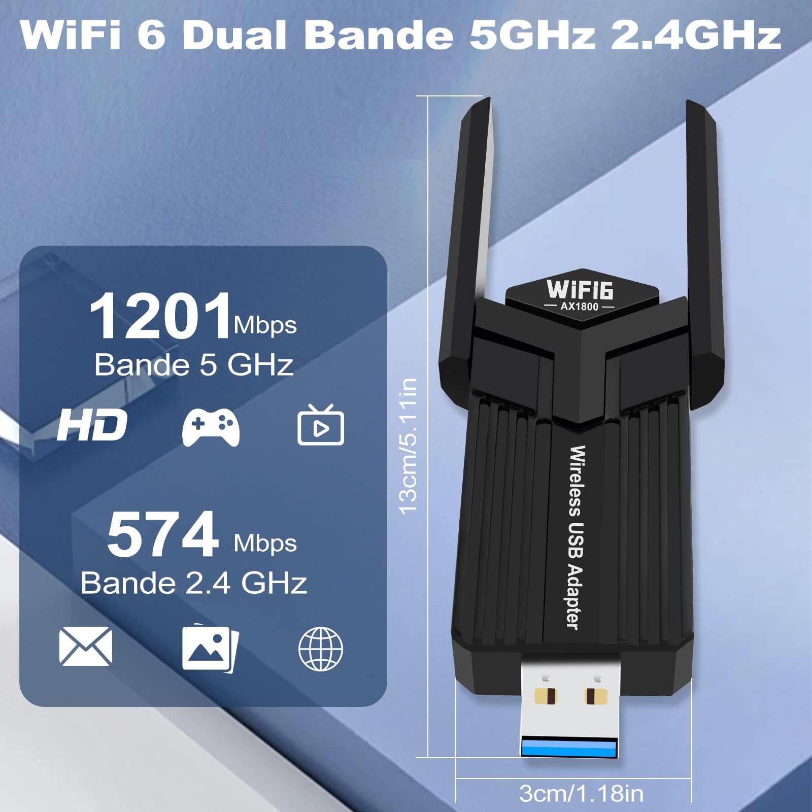 Vemfay USB Wifi per PC, AX1800 WiFi 6 Chiavetta Wifi per PC Fisso Dual Band 5Ghz 2,4 Ghz Adattatore Wifi USB Chiavetta Internet Dongle Wifi Supporta Windows 10/11, MU-MIMO, WPA3