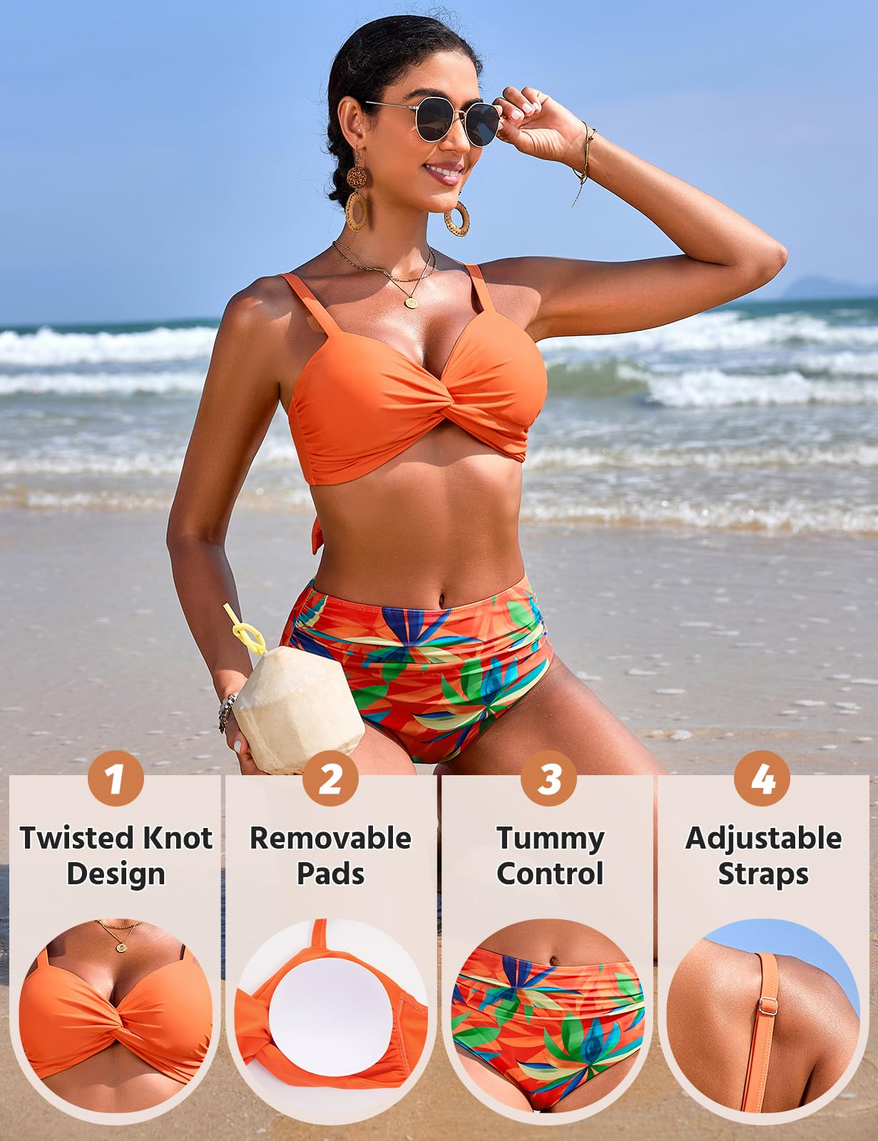 Maillot de Bain Femme 2 Pieces Taille Haute Ventre Plat Deux Bikini Pièces Sexy Col en V Push Up Sangle Réglable des Bikinis élégants Piscine de Plage