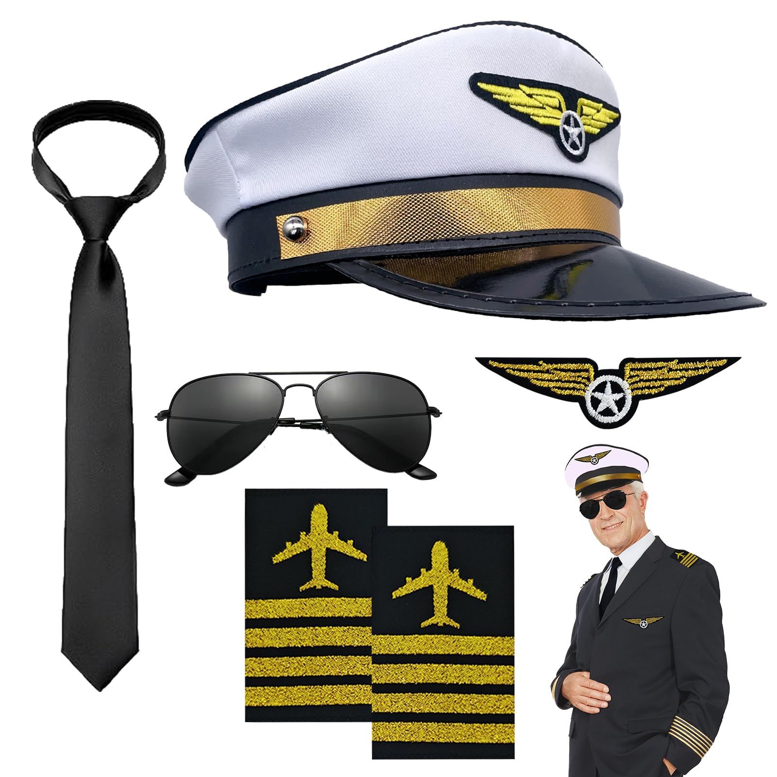 Accesorios de disfraces del capitán piloto, juego de accesorios de aviador, accesorios de vestido de piloto de aerolínea, capitán de fiesta temática para adultos, Halloween