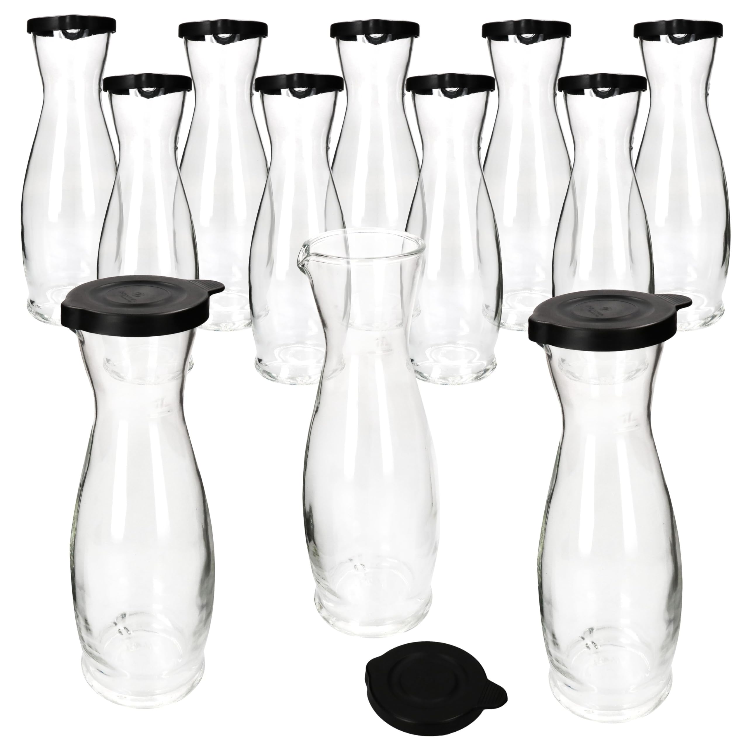 MamboCat 12er Set MIA MISURA Wein-Karaffe mit schwarzem Kunststoff-Deckel I 1 Liter, geeicht I Glas-Krug mit Ausgießtülle für Wein, Wasser, Saft, Milch & Co.