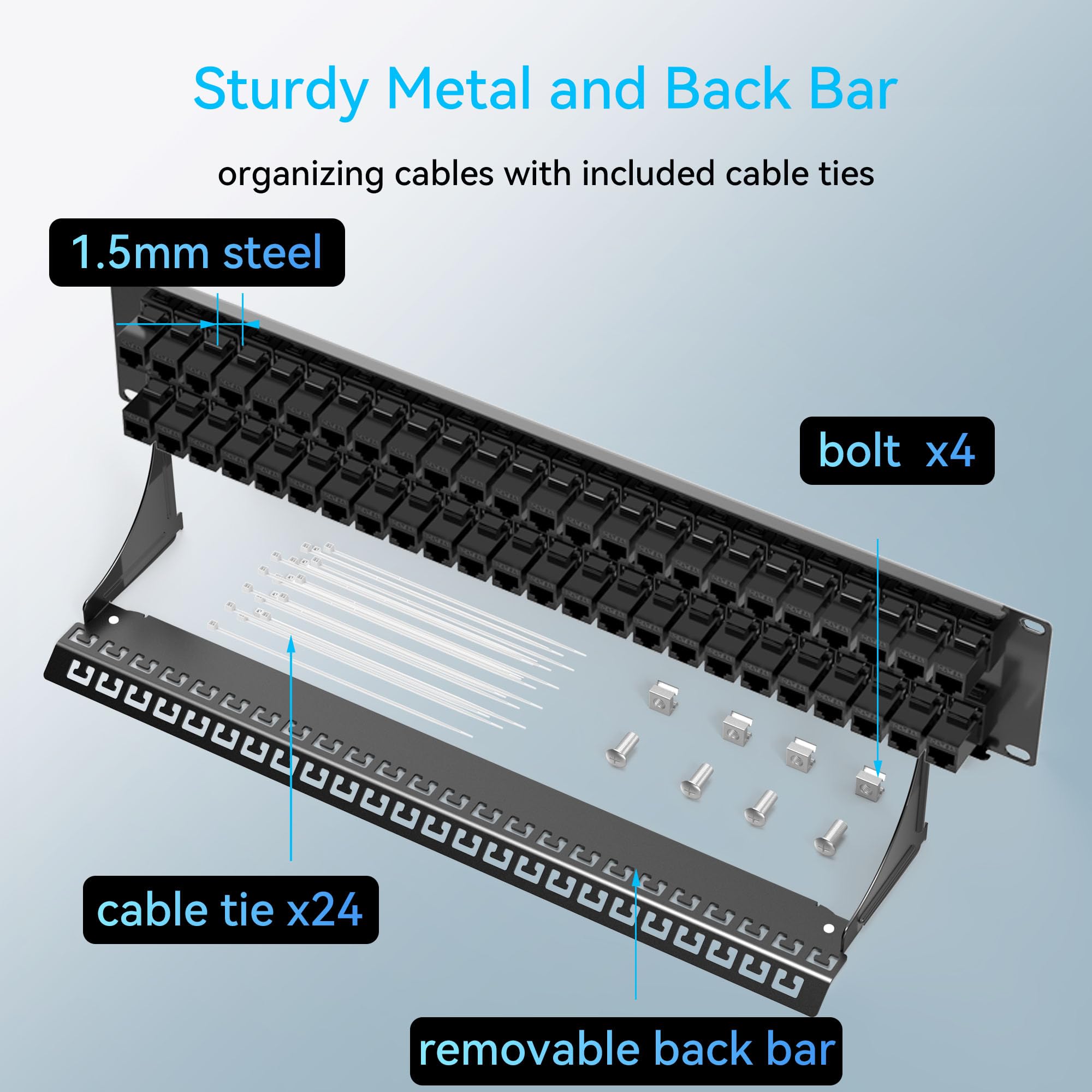 Sokqovt Panel de conexión de 48 puertos Cat6a con acoplador Keystone, panel de conexión de red Cat6 10G sin perforación, panel Ethernet 2U Rj45 de ahorro de tiempo con barra trasera resistente, panel