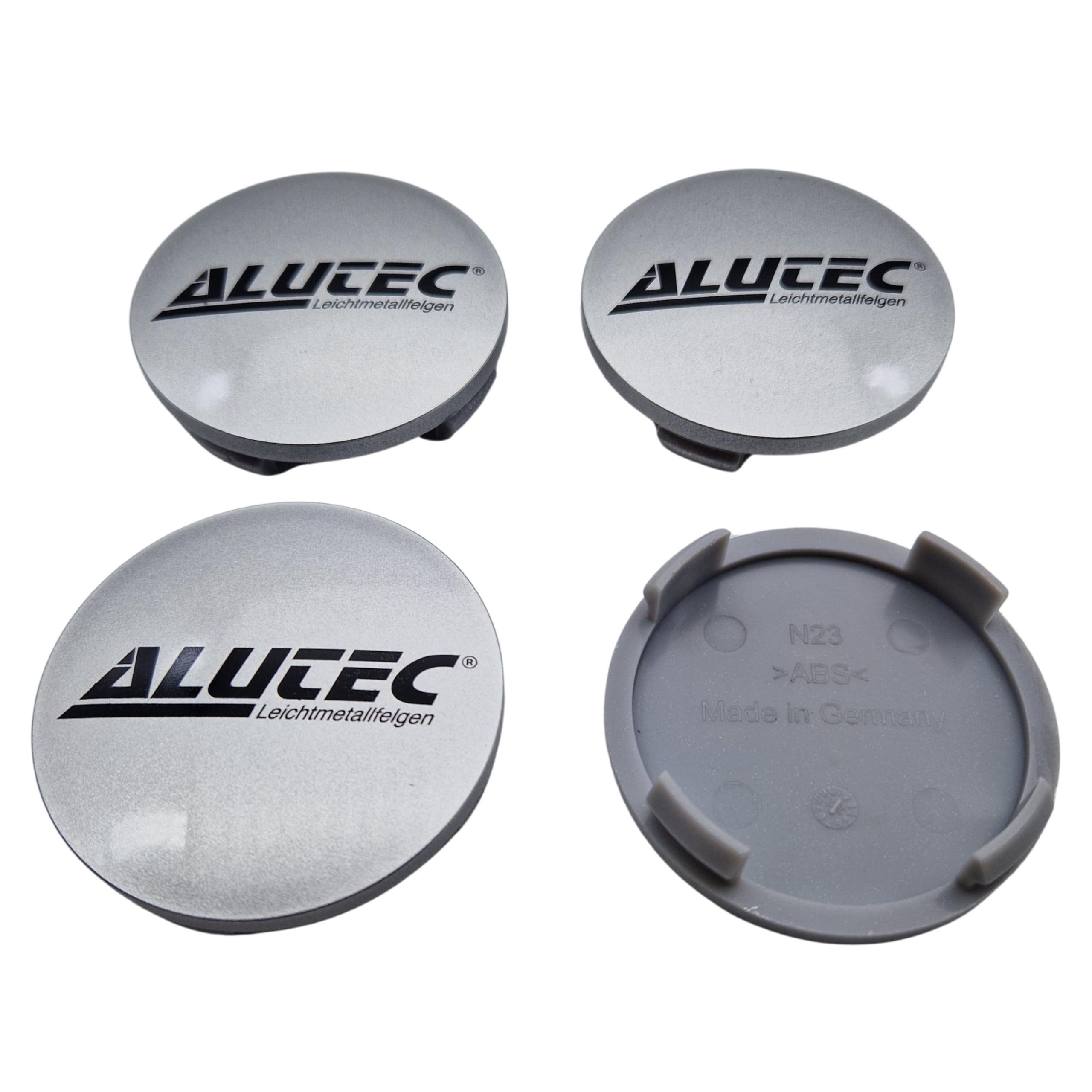 4X Alutec Nabendeckel 60mm Silber (N23) Logo Schwarz (ALH) - Original Felgendeckel/Nabenkappe/Hubcap