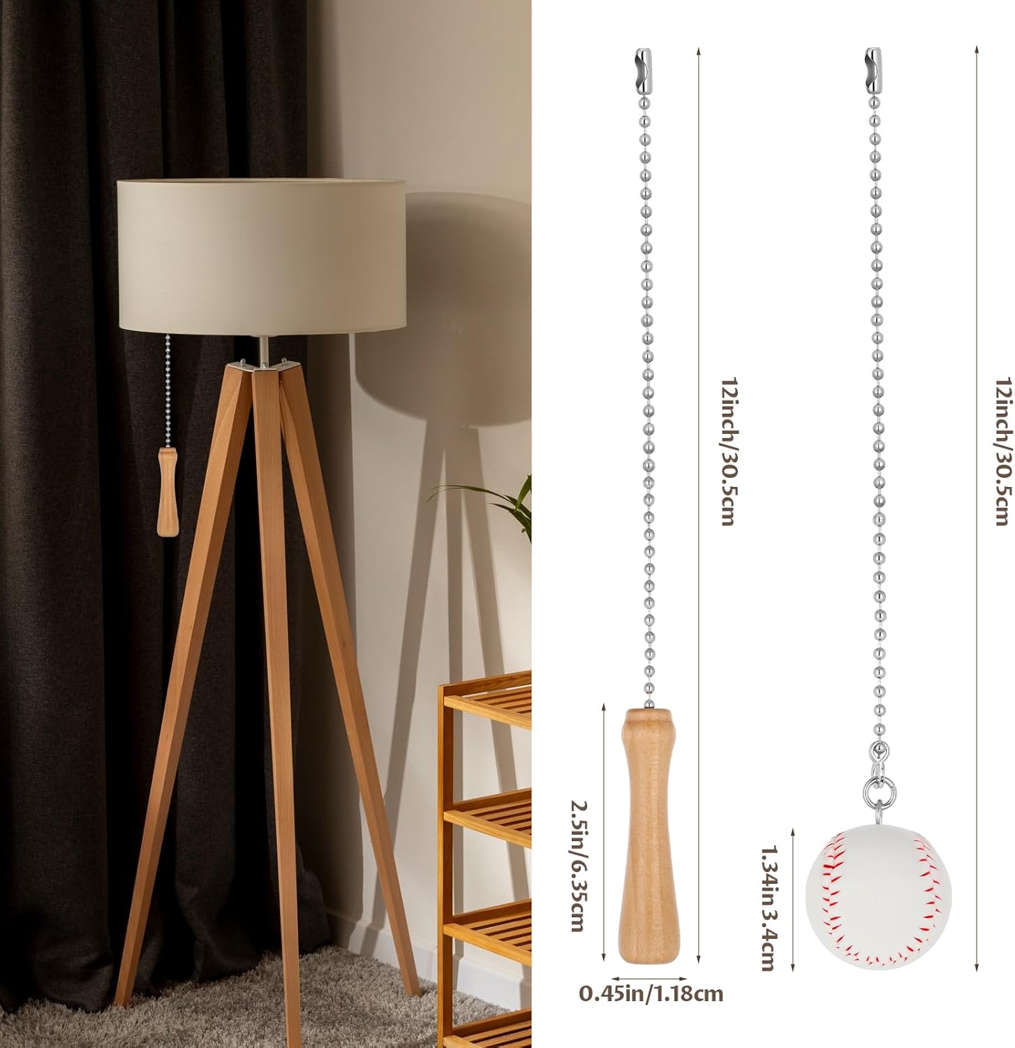 2Pcs Baseball Ceiling Fan Pull Chain, Baseball Fan Chain 12 Inches Decorative Fans Pulls Extender Chains Beaded Fans Light Chains Extender Ornaments with Baseballs & Bat Pendant for Light Lamp