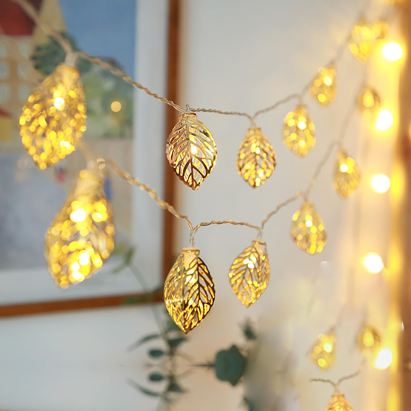 Kingcoo Leaves Vintage Lampshade Geometric Lights, 3.3M/10Ft 20Led Gold Metal Lantern Polygonal Battery Operated Fairy String Lights For Home Bedroom Garden Wedding Party Decoration (Leaves)