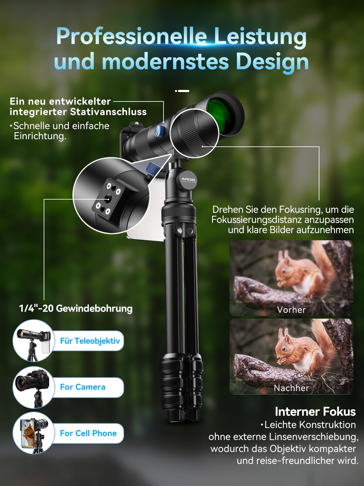 APEXEL Telecular 20-60x Professionelles Kompakt Zoomlinse für Smartphones-Teleobjektiv für Smartphones- Erfassen Sie entfernte Szenen mit Leichtigkeit