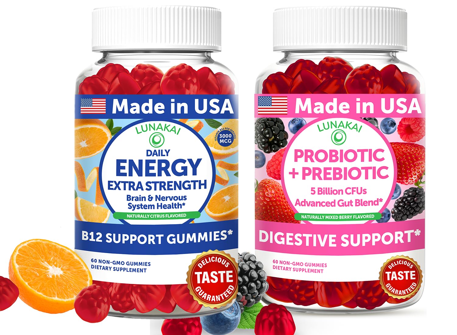 Lunakai USA Made Energy B12 & Probiotic + Prebiotic Gummies Bundle – Daily Wellness & Digestive Balance Support – 60 Non-GMO Gummies Each