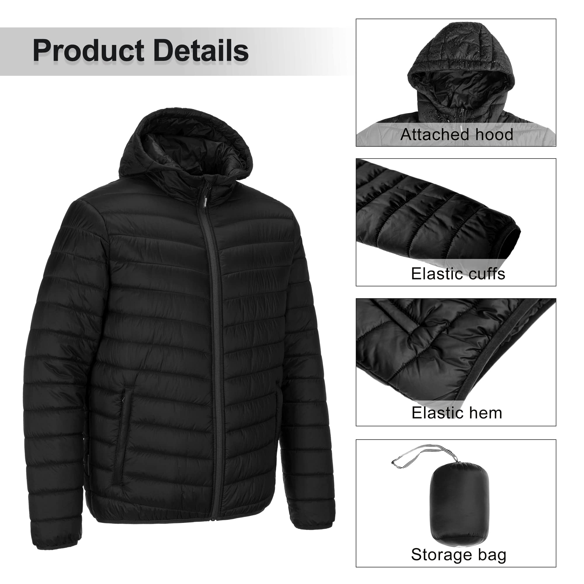 Outdoor Ventures Piumino da uomo leggero ripiegabile con cappuccio Cappotto invernale isolato per sci da neve e viaggi, Nuovo nero (piega nella borsa), XX-Large