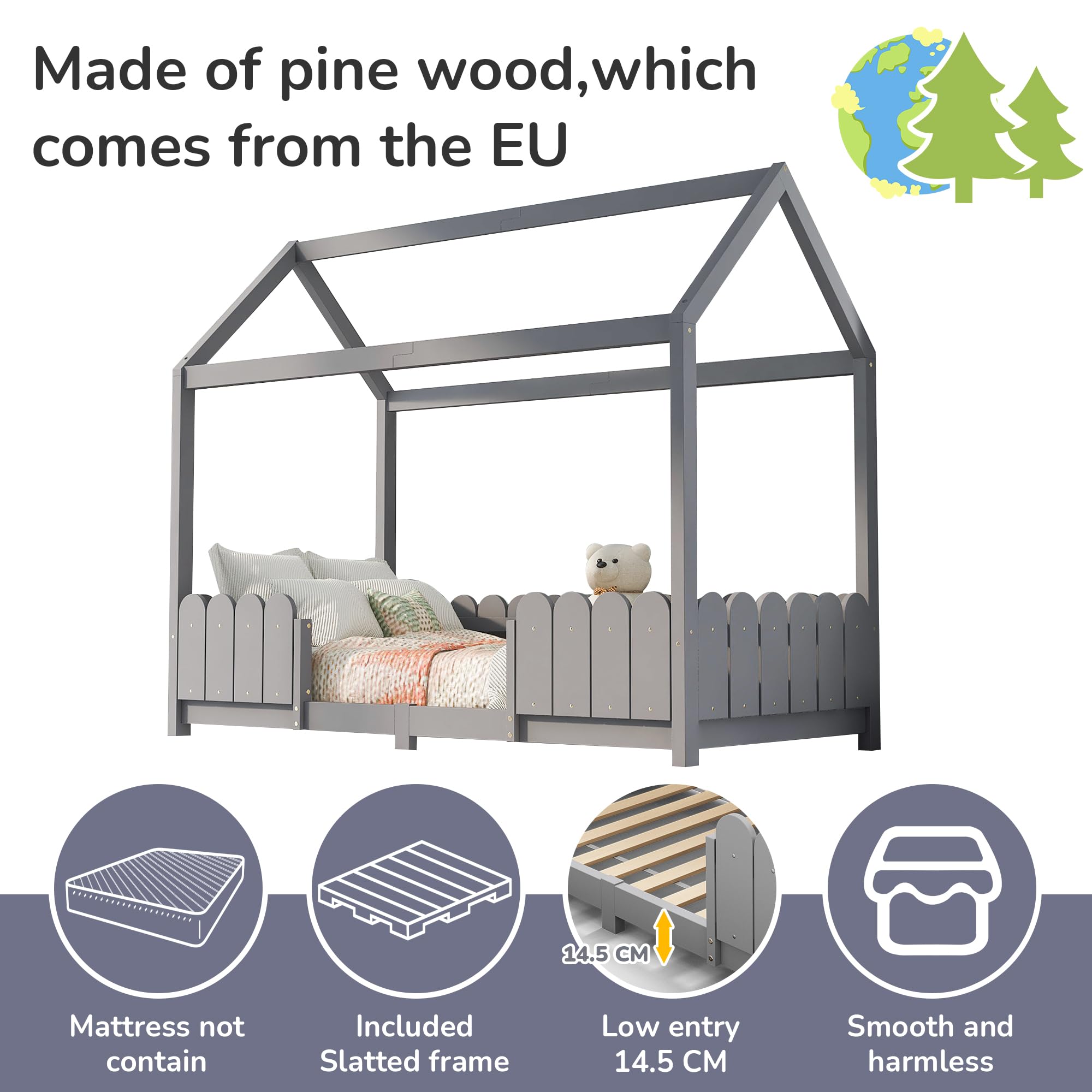 LINKHOO lit cabane bébé, en Bois Polyvalent, pour garçons et Filles, avec Protection Contre Les Chutes et sommier à Lattes(sans Matelas), 90x200 cm, Gris