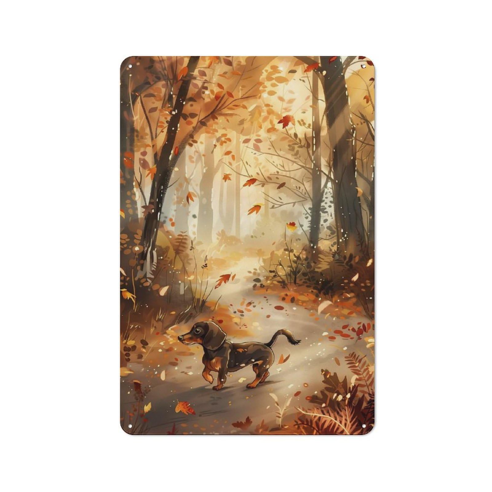 Junmoney Dachshund In Autumn Forst Rustic Metal Plaque 30X20cm For Lounge Or Reading Corner, For Home Office, Studio And Craft Room Walls