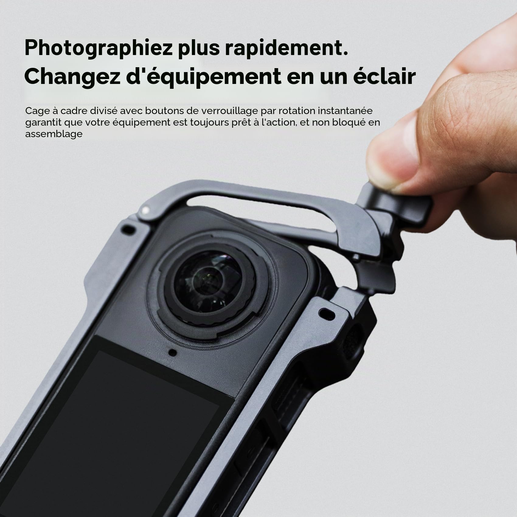 PGYTECH Cage de Caméra pour Insta360 X4 Air, Protection Alliage Aluminium avec Verrouillage, Cadre Cold Shoe, Filetages 1/4 Pouce, Cache-Objectif Silicone