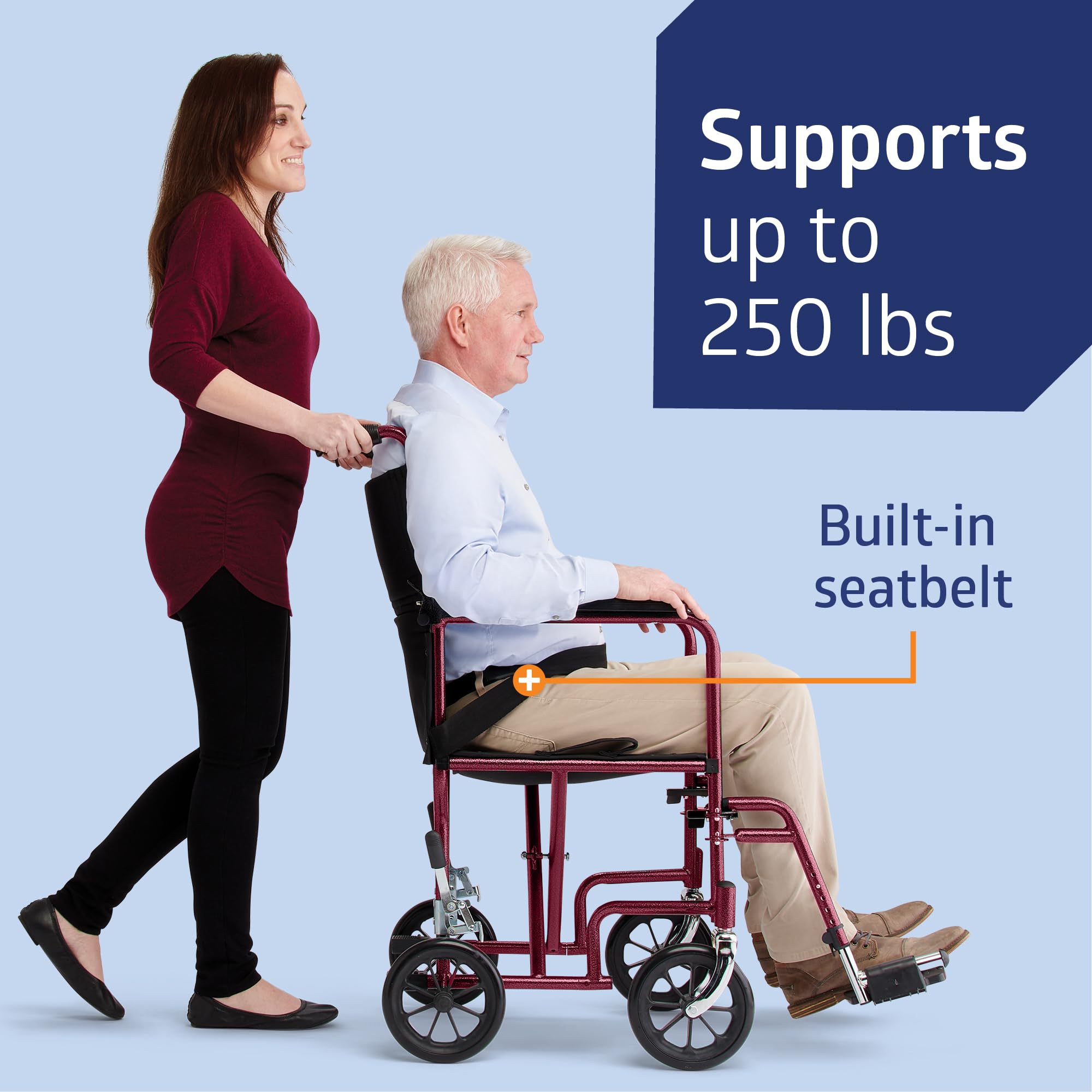 Medline Steel Transport Chair, Folding Transport Wheelchair, Removable Swing-Away Footrests, Full-Length Armrests, 19" Seat, 250 lb. Capacity, Red — Amazon image 3