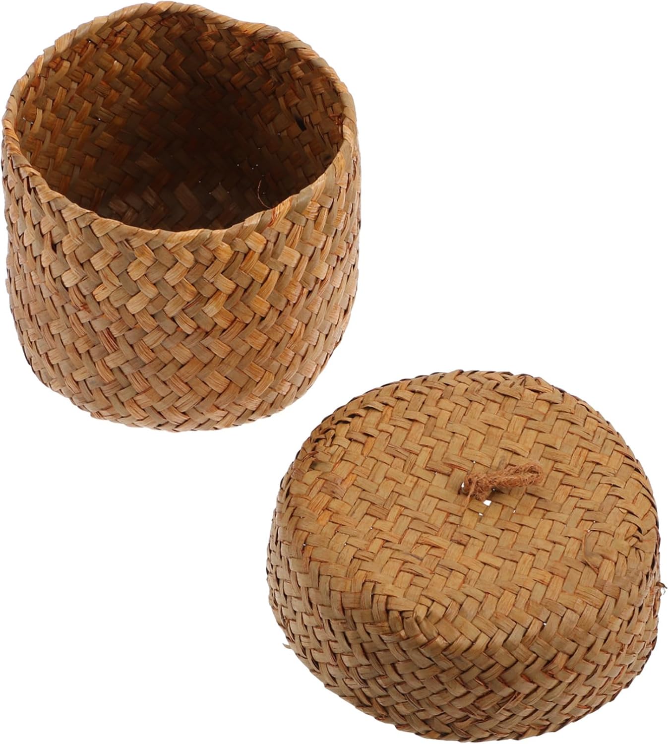 Ciieeo Handmade Mini Woven Flower Basket with Lid Small Seagrass Storage Basket for Home Desk Organization Wedding Party Sundries Container 4.72X3.93X3.93 Inches