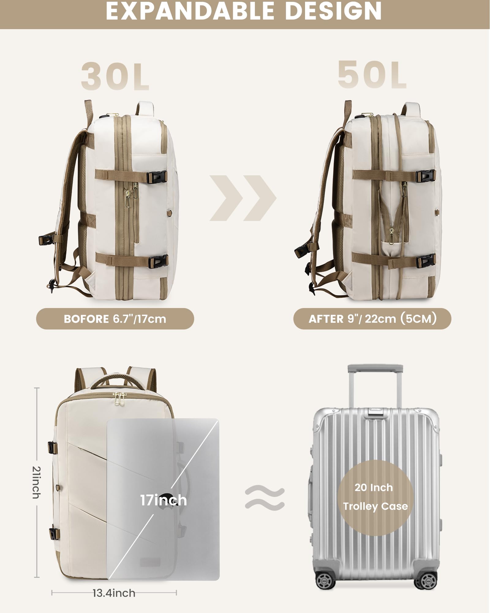 LOVEVOOK Zaino Da Viaggio Borse Da Cabina Zaino Aereo Bagaglio A Mano Uomo Donna Zaino Porta PC 18 Pollici Zaino 50 Litri Grande Trekking Travel Bag Zaino Beige Cachi