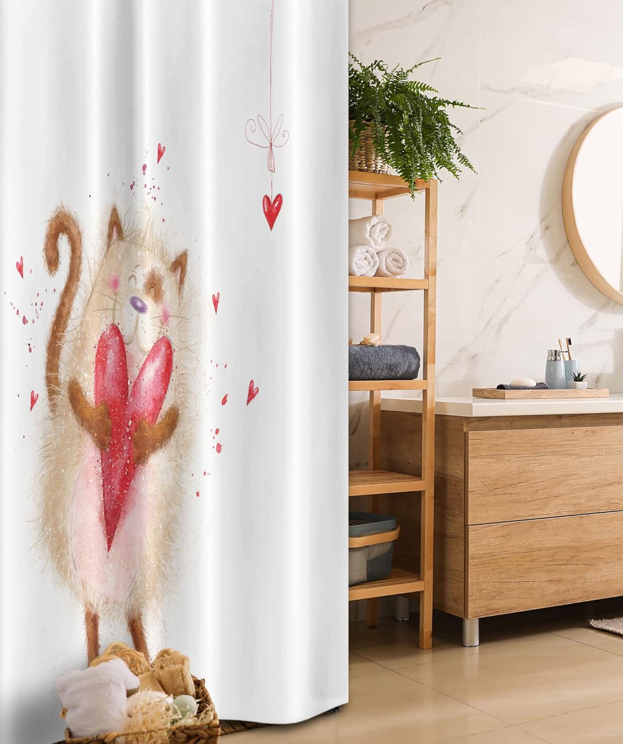 Ambesonne Love Stall Shower Curtain, Cat Heart Valentines Day Honeymoon Smile Joyful Cheering Happy Theme, Fabric Bathroom Decor Set with Hooks, 36" W x 72" L, Brown Cream Red
