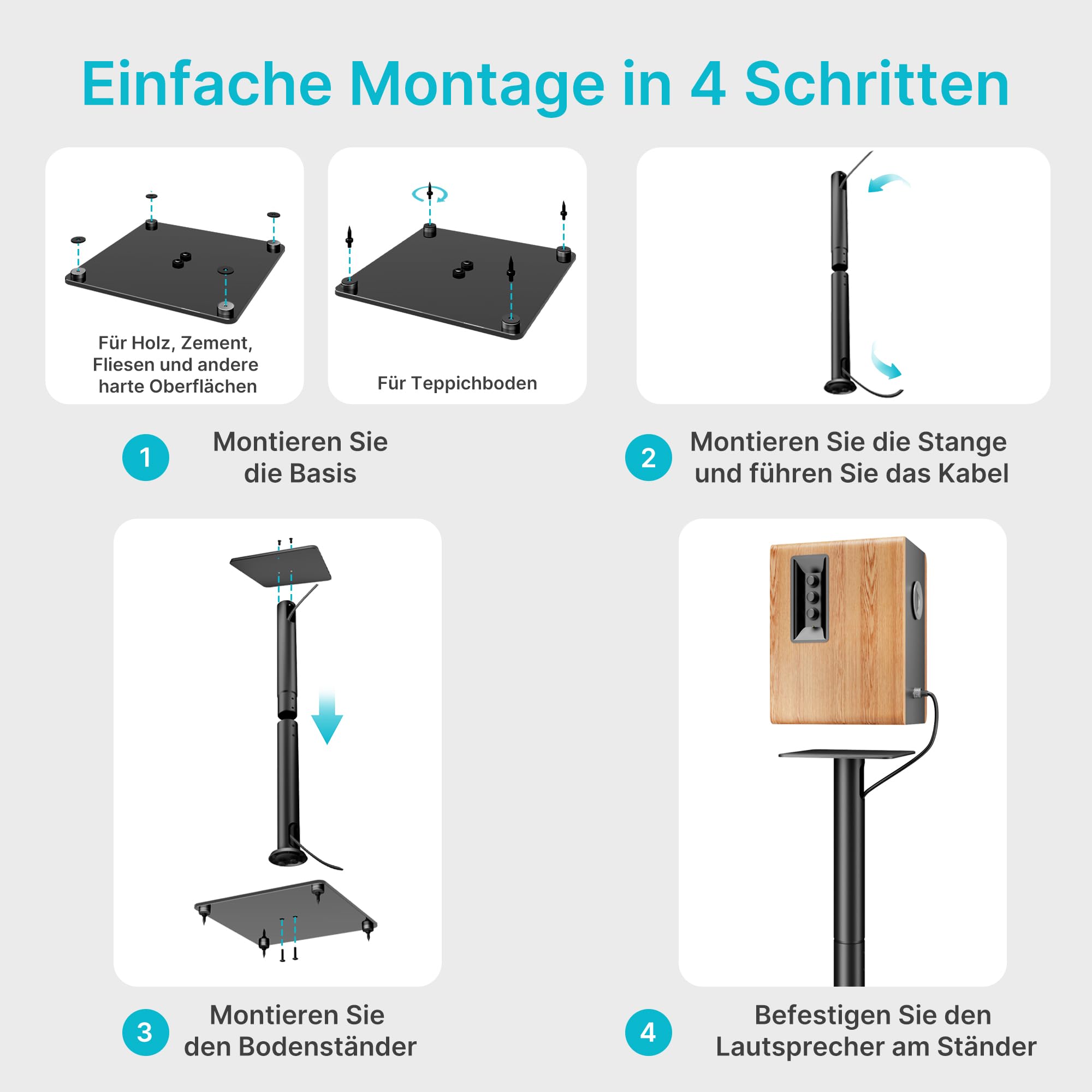 Pegzone Lautsprecherständer für Surround Sound,Universal Boxenständer Tragfähigkeit 25 kg,76,5 cm hohe Regallautsprecher-Ständer,Kabelmanagement,1 Paar,großer Glasbasis,schwarz