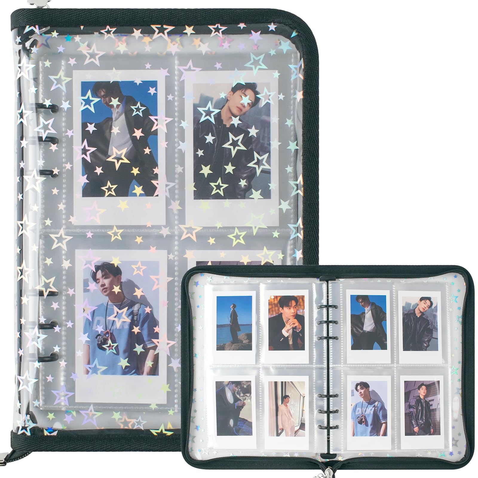A5 Kpop Photocard Binder with 25 Pack 4-Pocket Card Pages, Photocard Holder with 200 Card Slots, 6 Ring Binder Card Collector Album with Zipper for Organizing Trading Card (Black)