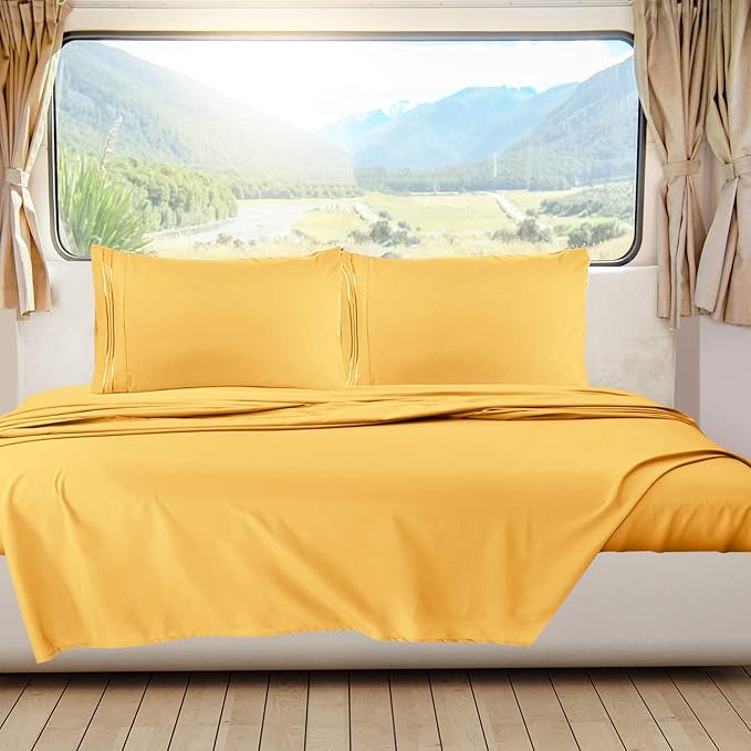 Nestl Yellow Short Queen Sheets for RV, Hotel Luxury RV Queen Sheets Set, 6 Piece Fitted Bed Sheet Set and Pillowcases, Super Soft, Wrinkle-Free, and Breathable Camper Bedding