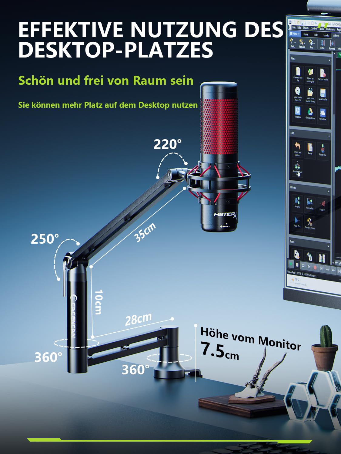 Braccio per Microfono, Mic Arm Supporto per Microfono Girevole a 360° con Supporto da Scrivania, Asta per Microfono Peso Dell'aggiornamento è di 5,5 libbre, Compatibile con HyperX/FIFINE/MAONO/TONOR