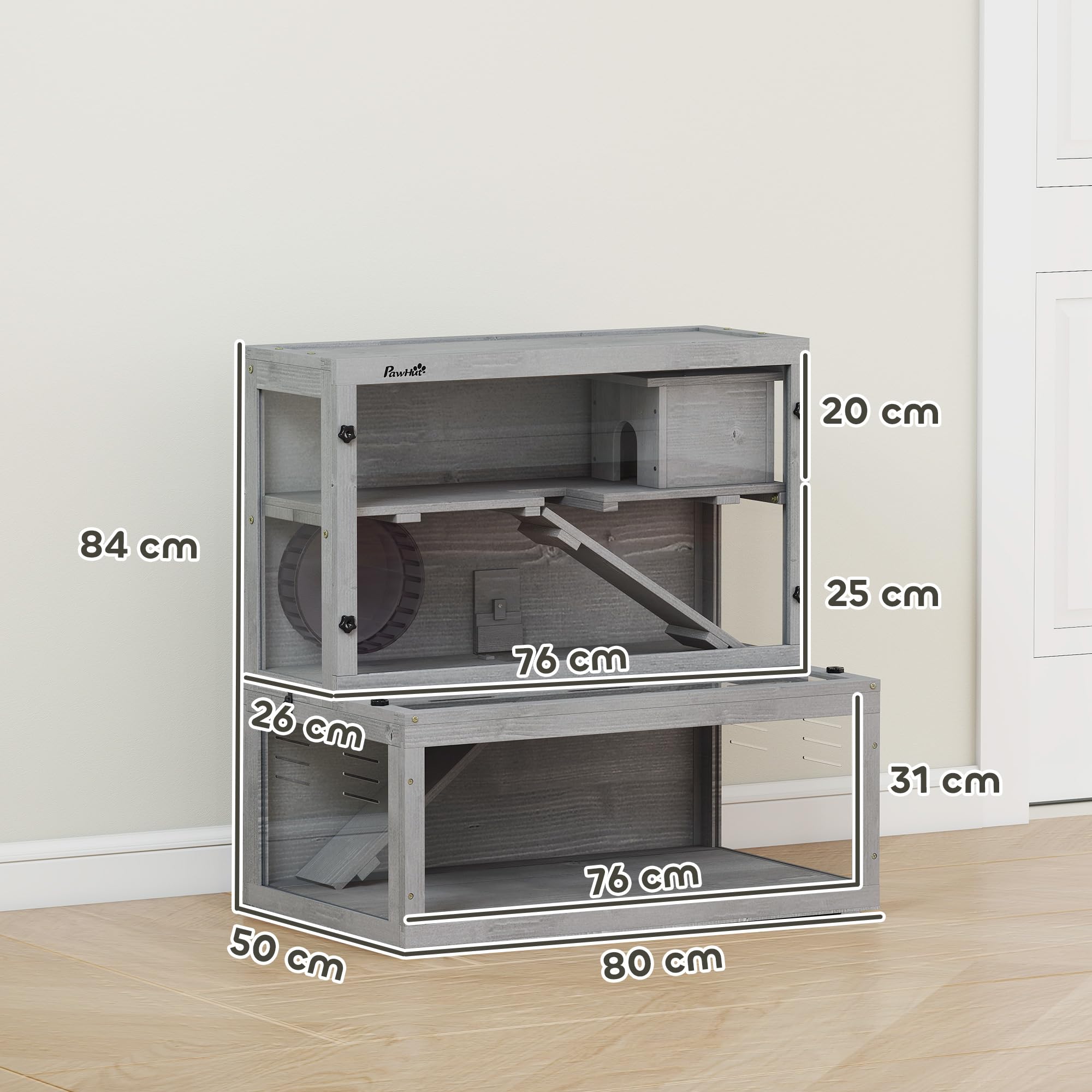 PawHut - Jaula de hámster de madera de 3 niveles con cabaña, rueda 80 x 50 x 84 cm, color gris | Jaula roedor, Rampas, Panel transparente, Espacios separados, para hámsters enanos, Gerbolitas