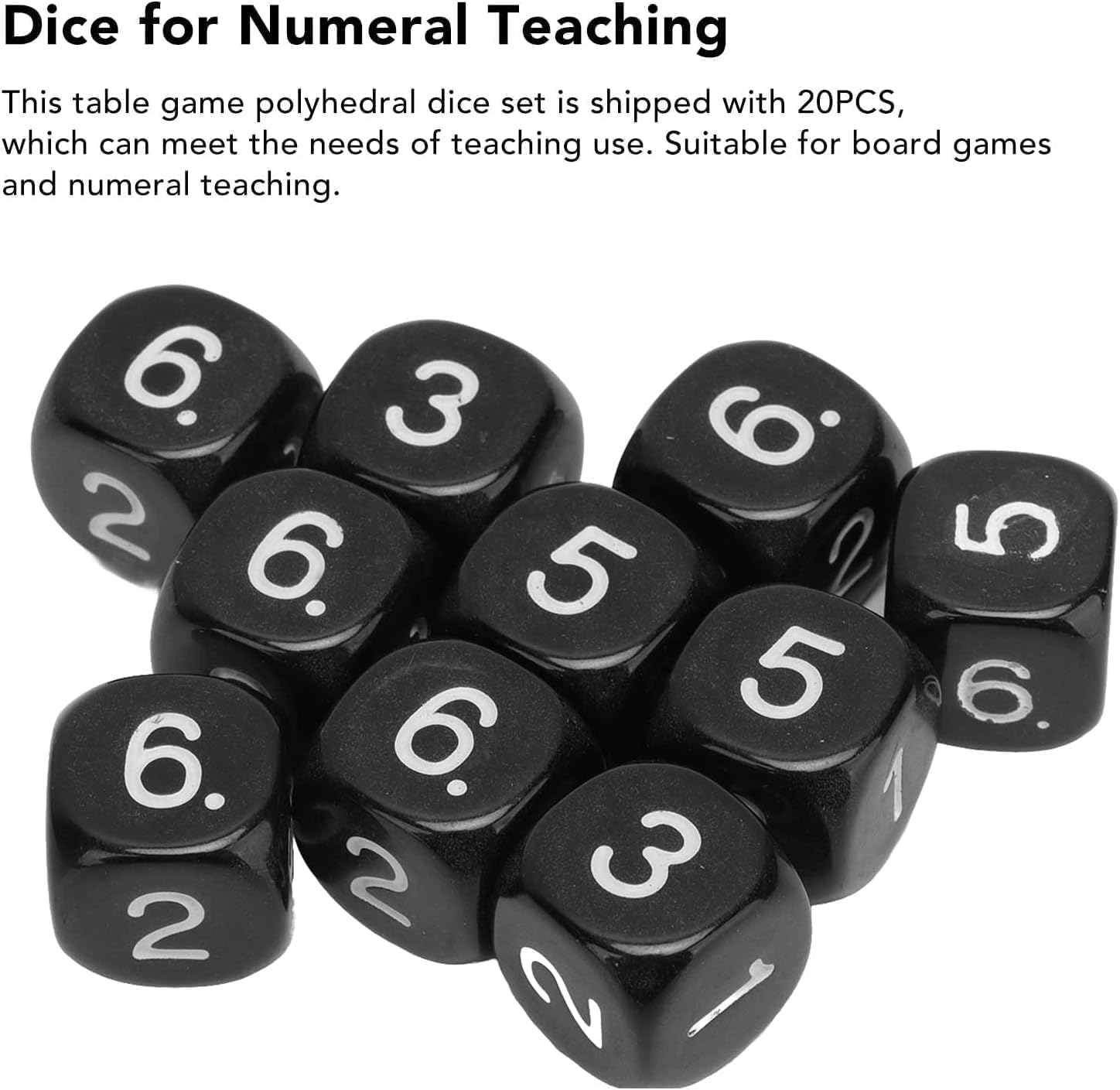 20 Pcs 6 Sided Number Dice, Round Corner Polyhedral Dice, Polyhedral Dice Role Playing Dice for Numeral Teaching Board Games, DND RPG Wow Table Games（Black 16mm）