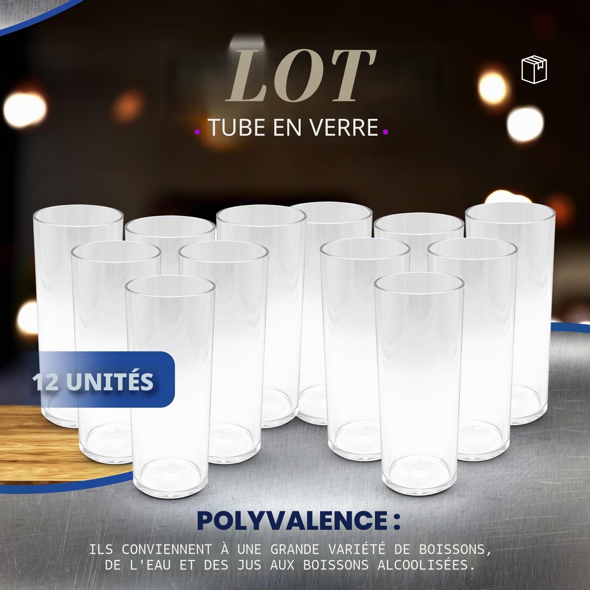 DOJA Barcelona | Tube Long Drink Réutilisable | 30cl | Pack 12 | Gobelet Dur Transparent | 154x63x2mm | Verre Haut Rigide en Polycarbonate | Incassable