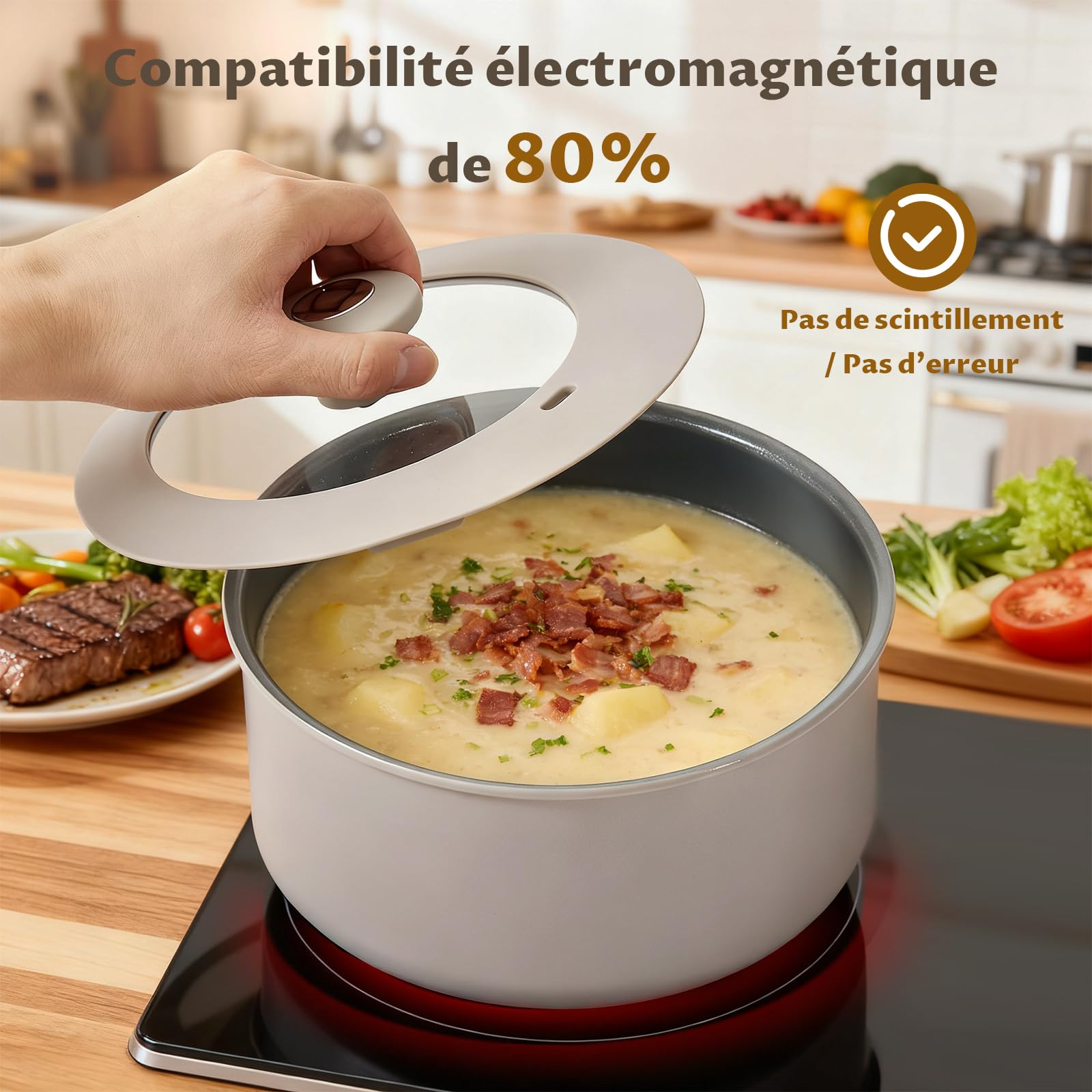 cuisine BLAZANT Casseroles Induction 6 pièces, Casserole en Céramique Antiadhésives 16/18/20 cm, sans PFOA, Poignées Amovibles, Base à induction à liaison moléculaire, passe au four